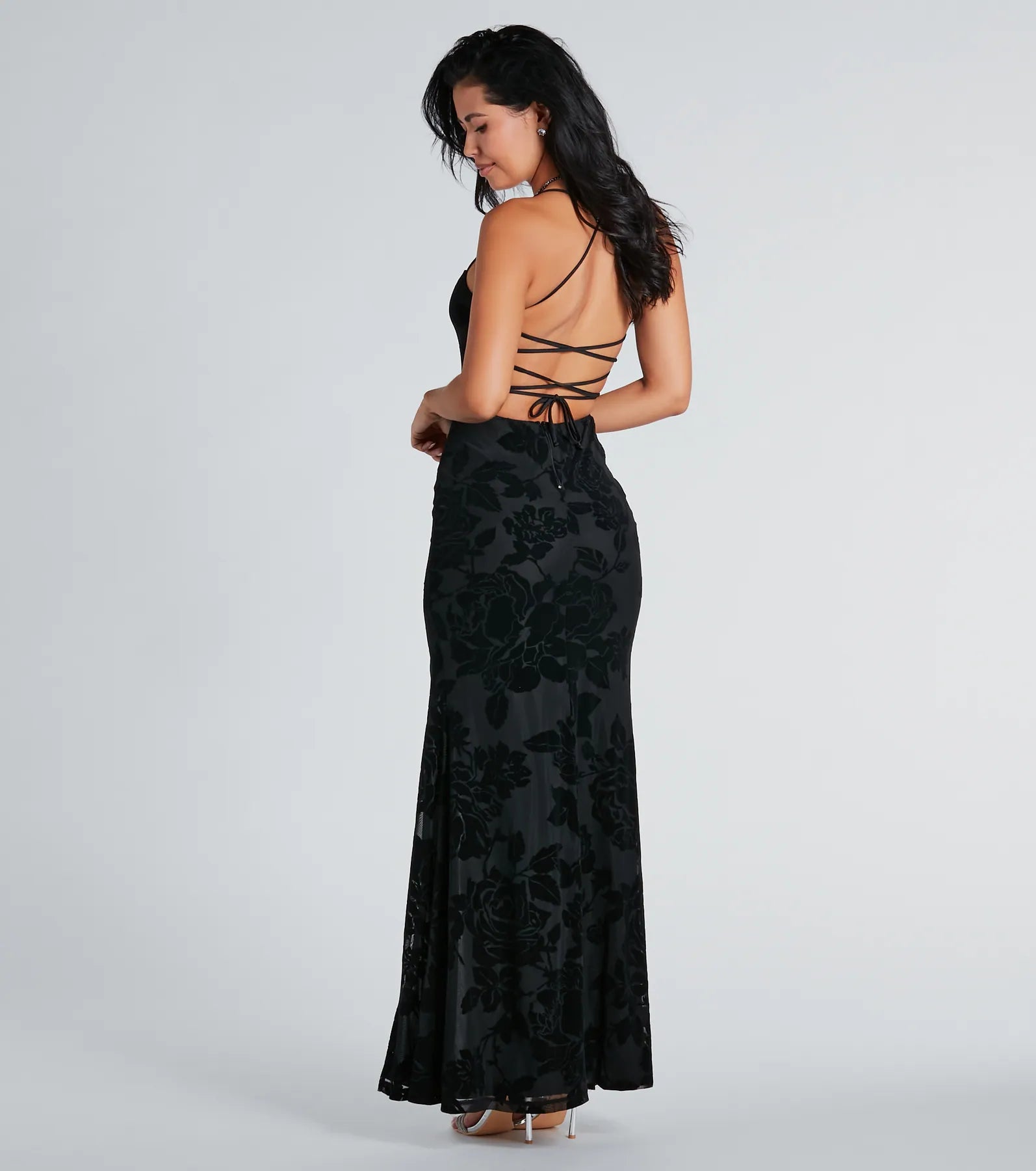 Norma Formal Velvet Floral Lace-Up Mermaid Dress - Image 2