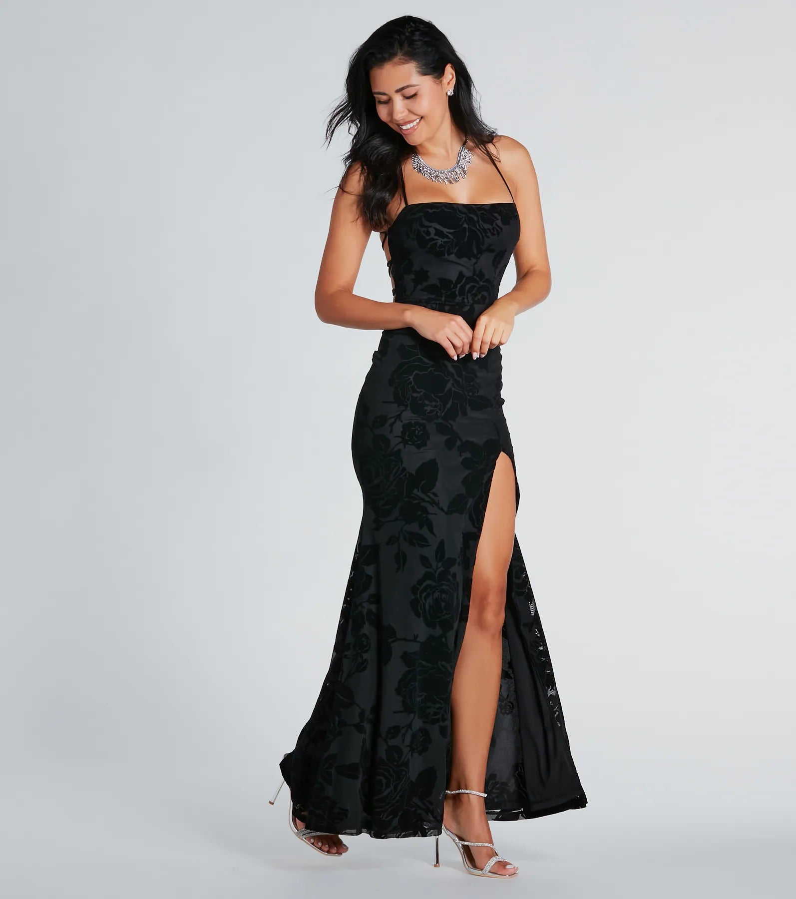 Norma Formal Velvet Floral Lace-Up Mermaid Dress - Image 3