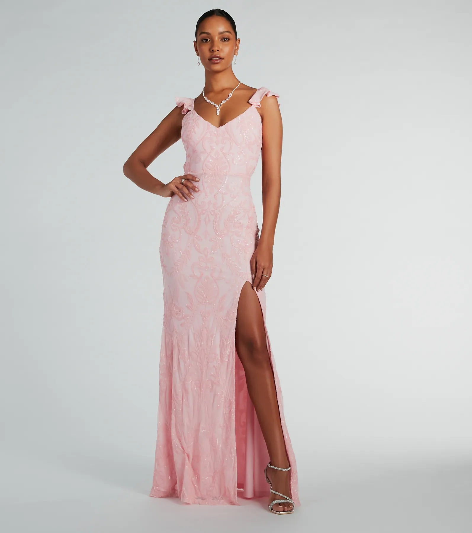 Estella V-Neck Column Long Sequin Formal Dress