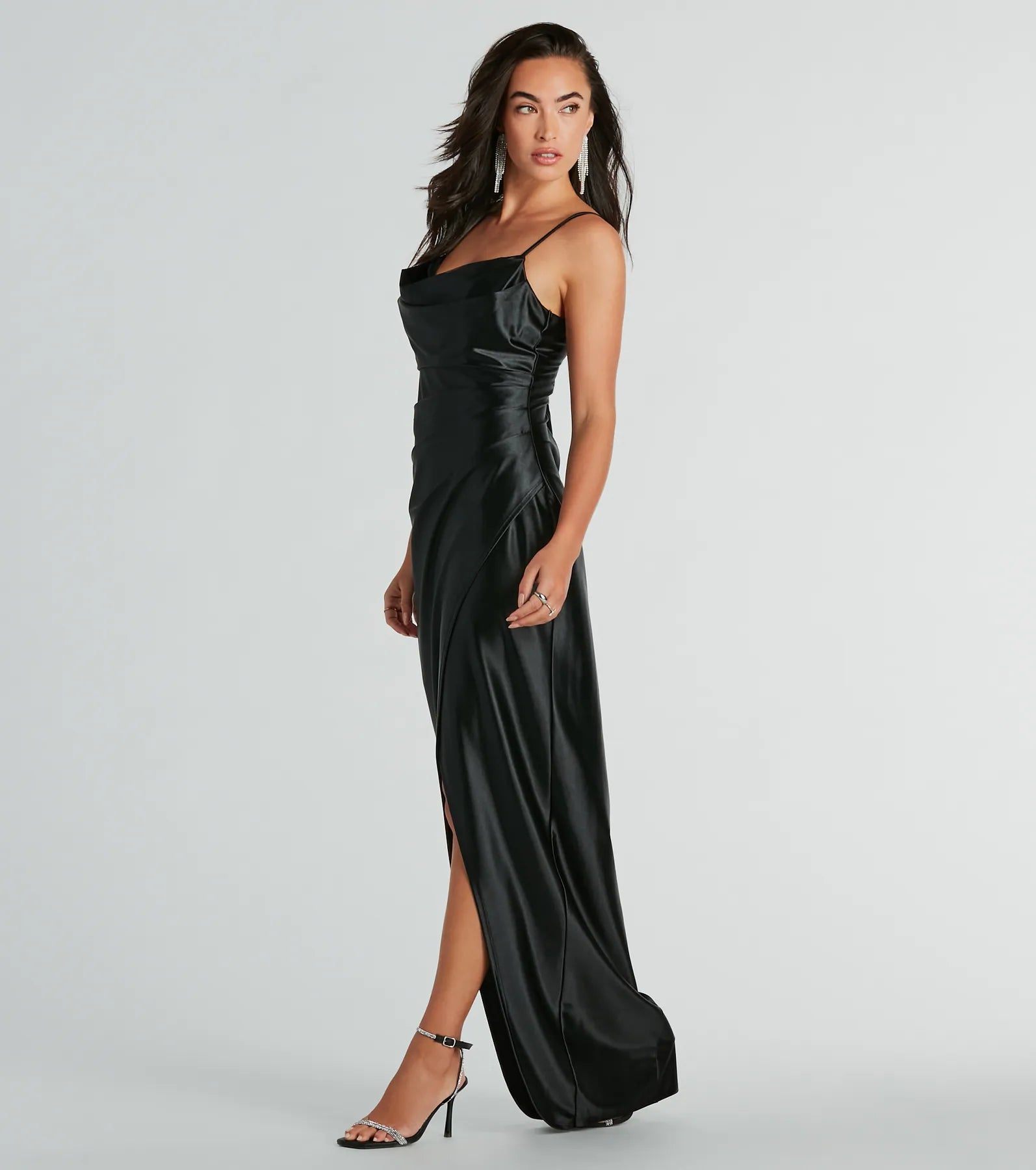 Stephanie Cowl Neck Wrap Satin Formal Dress - Image 6
