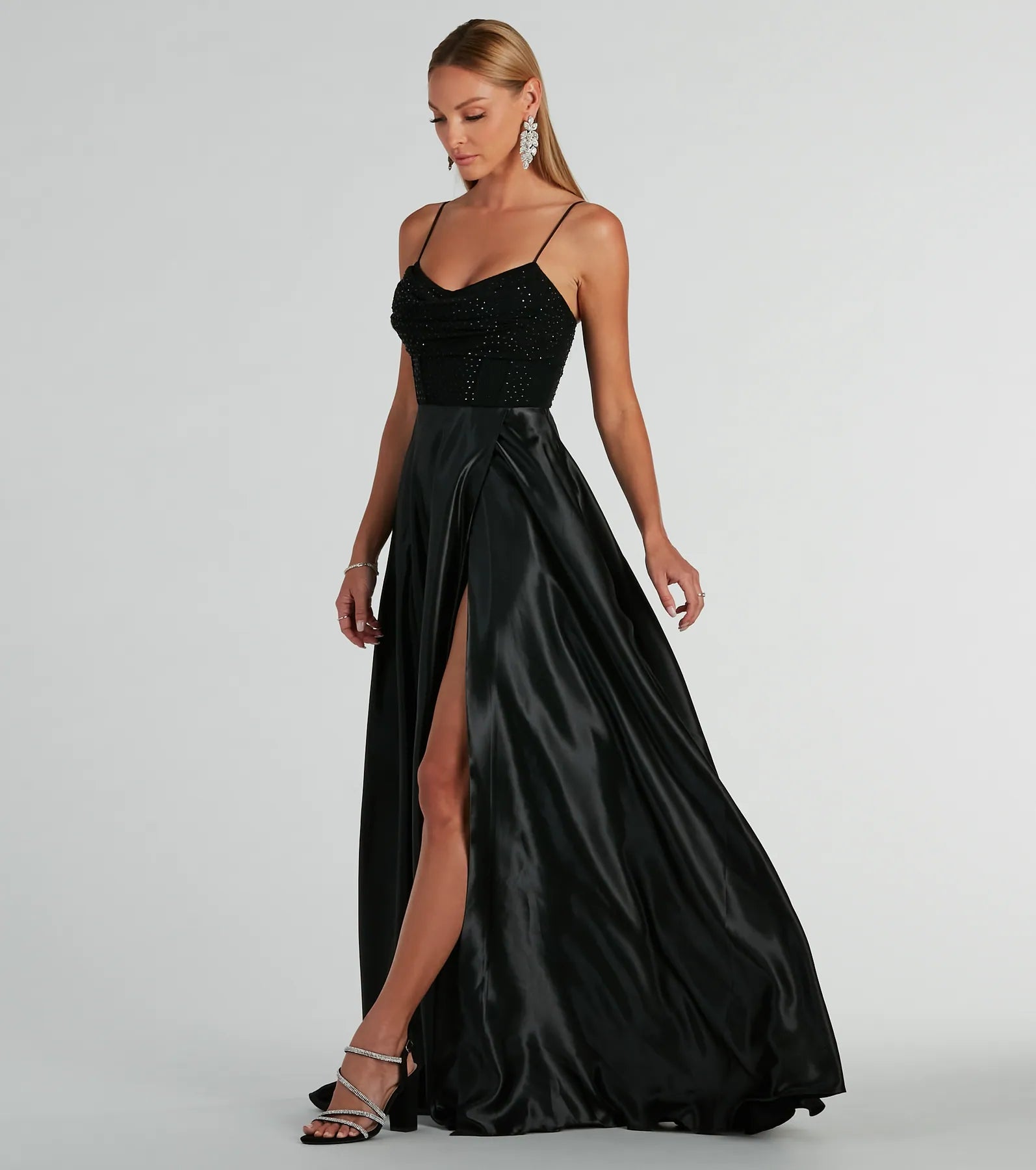 Ammara Cowl Neck Slit A-Line Satin Formal Dress - Image 4