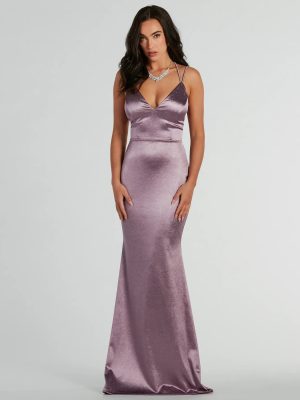 Melanie Sleeveless Lace-Up Glitter Satin Formal Dress