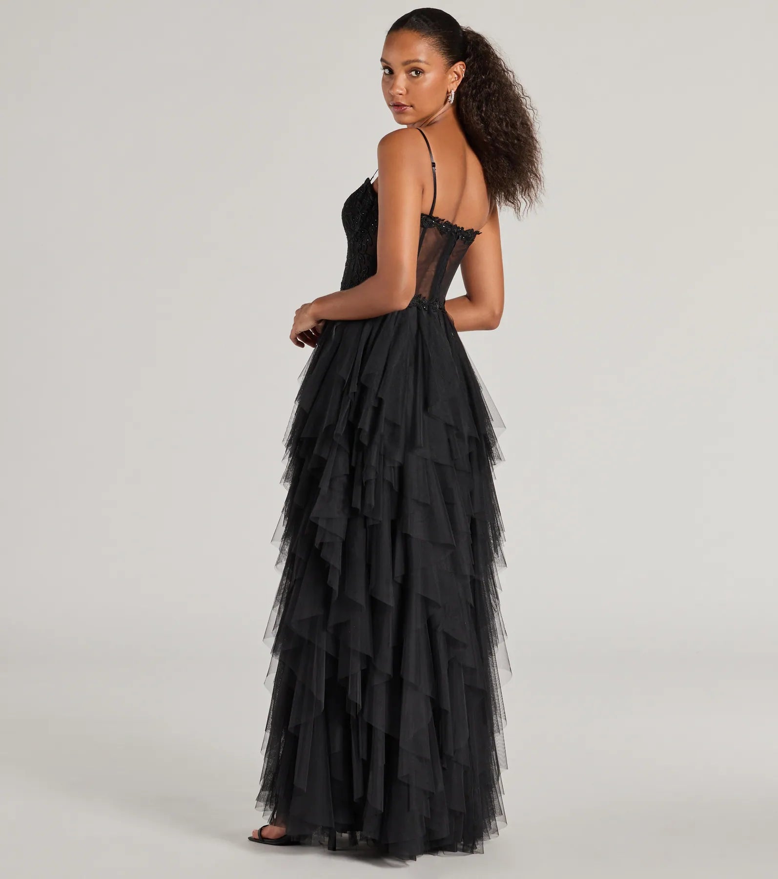 Keyla Floral Applique Tiered Ruffle Tulle Gown - Image 7