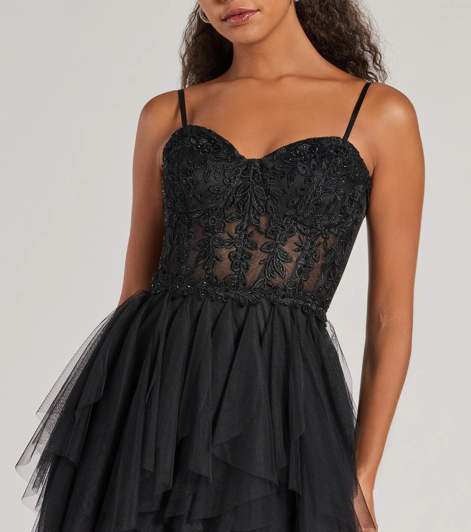 Keyla Floral Applique Tiered Ruffle Tulle Gown - Image 9