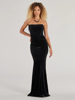 Luisa Pearl Fringe Trim Velvet Corset Mermaid Dress