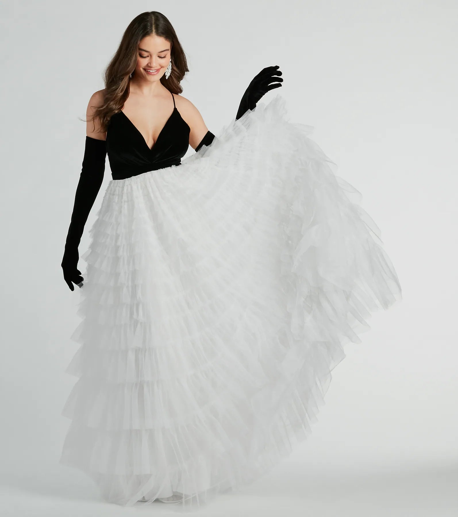 Carrie A-Line Ruffled Mesh Ball Gown With Gloves - Image 2