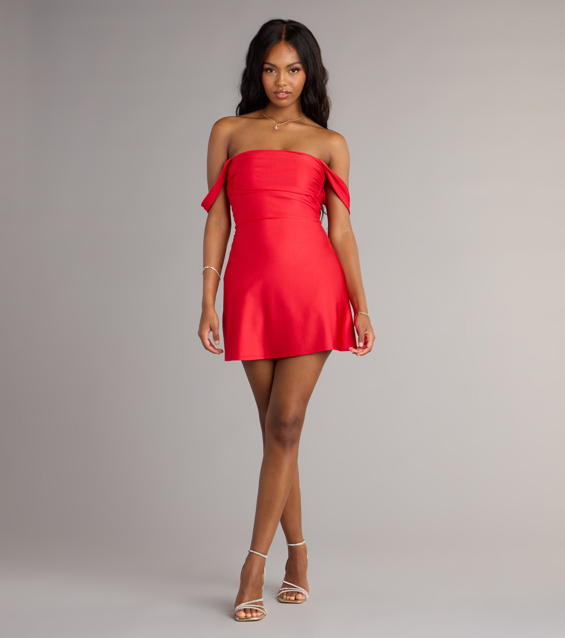 Classics Lover Off-The-Shoulder Satin A-Line Mini Dress - Image 32