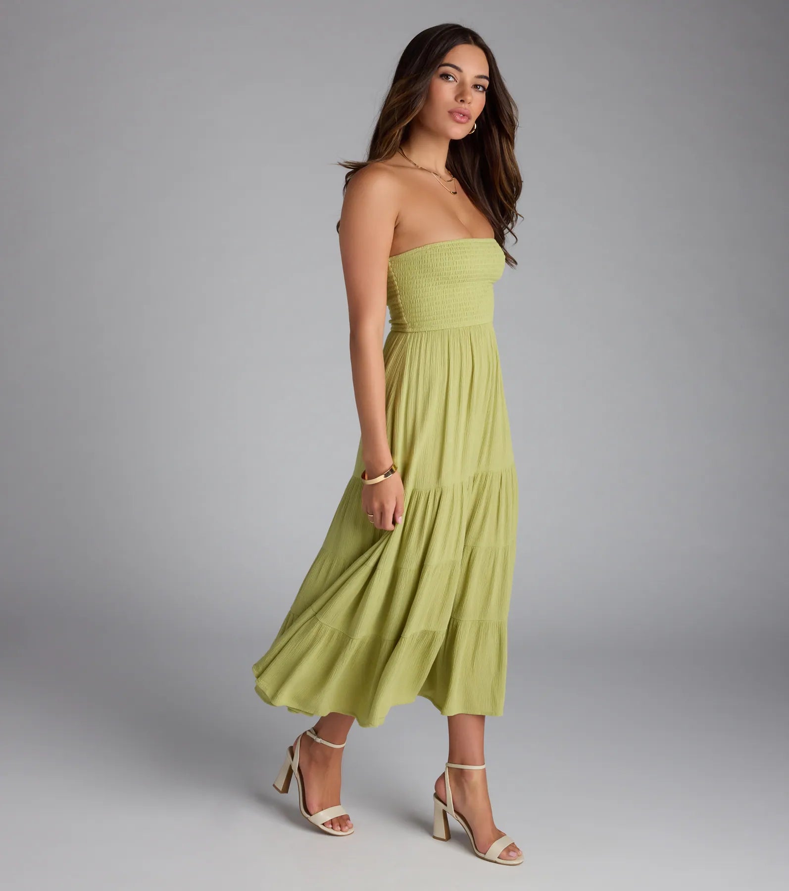 Breezy Summer Strapless Tiered Midi Dress - Image 4