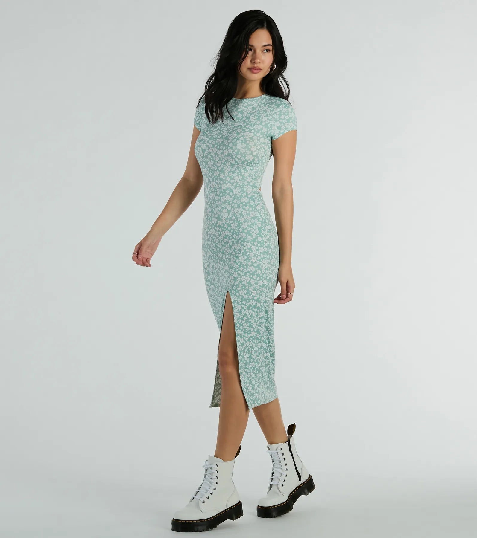 Spring Fling High Slit Ditsy Floral Knit Midi Dress - Image 3