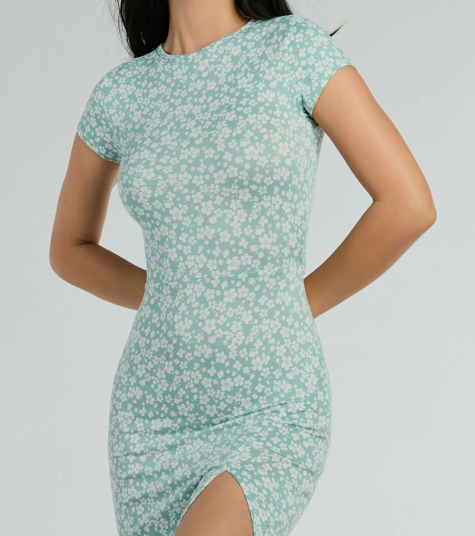 Spring Fling High Slit Ditsy Floral Knit Midi Dress - Image 4