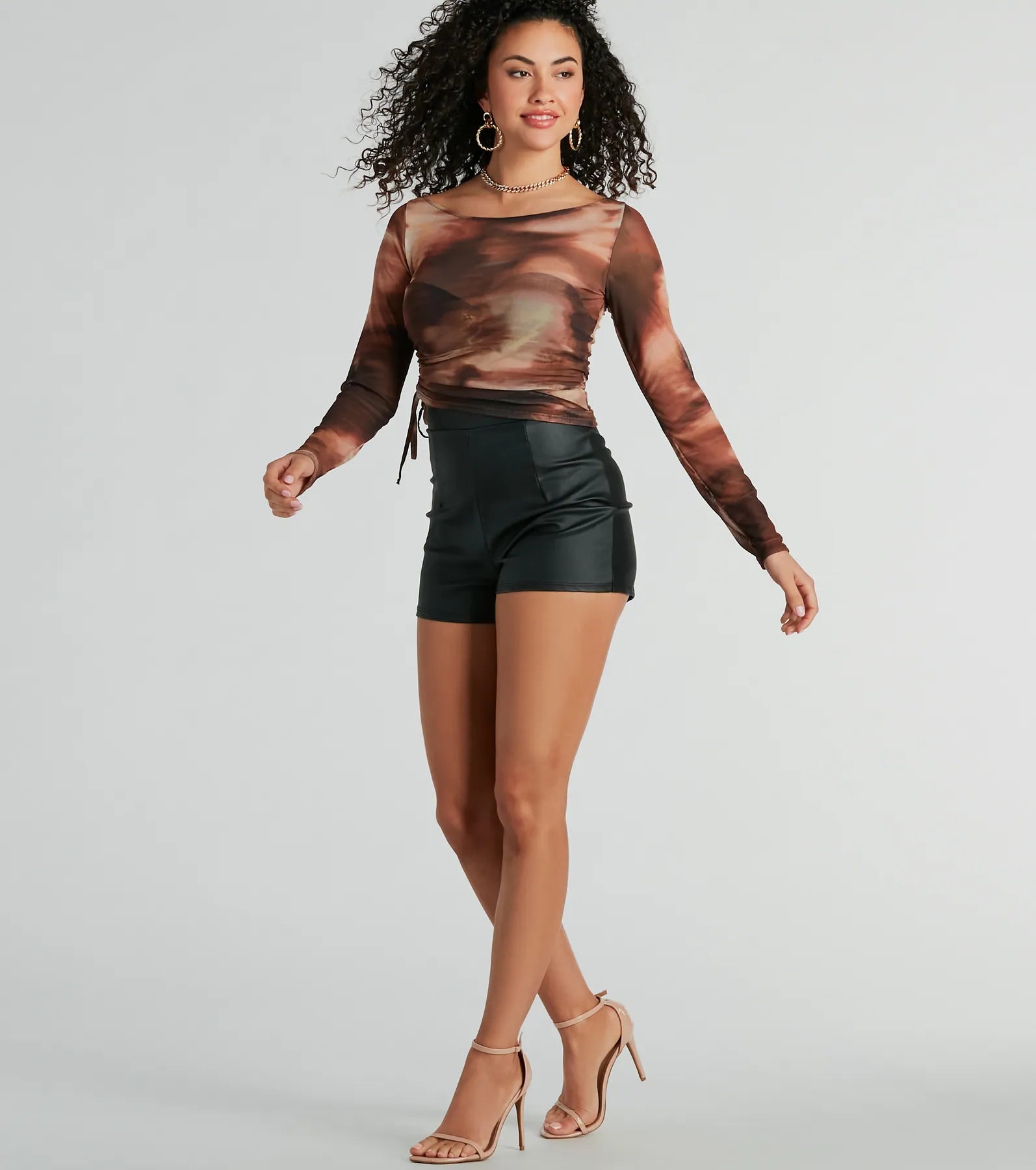 Chic Vision Long Sleeve Abstract Print Mesh Top - Image 2