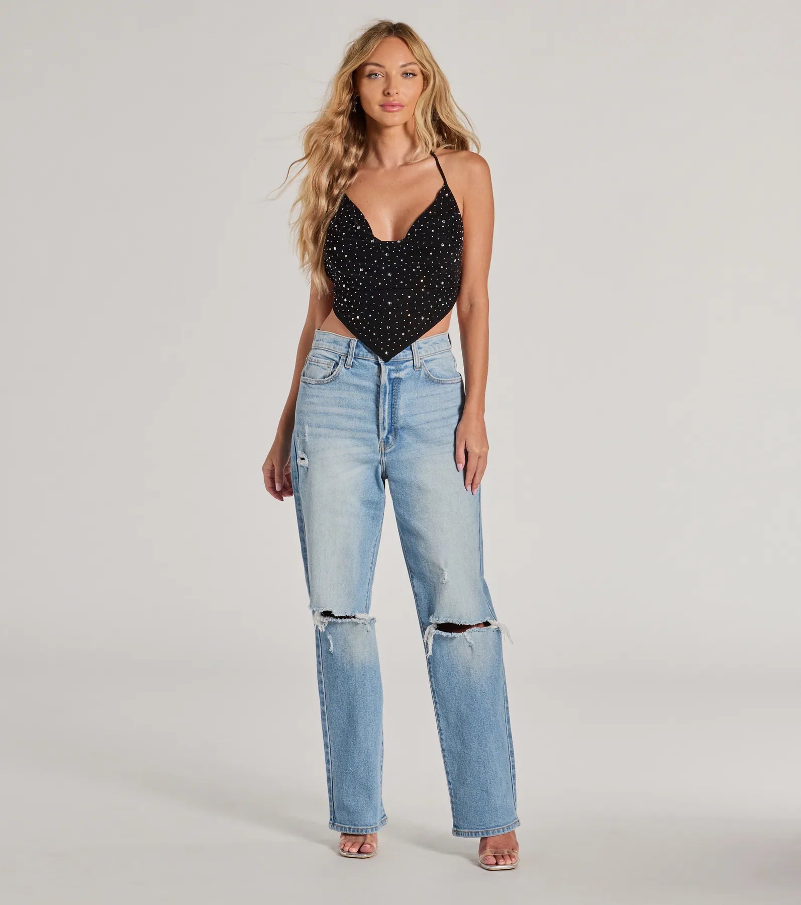 Sparkly Glitz Rhinestone Halter Crop Top - Image 3