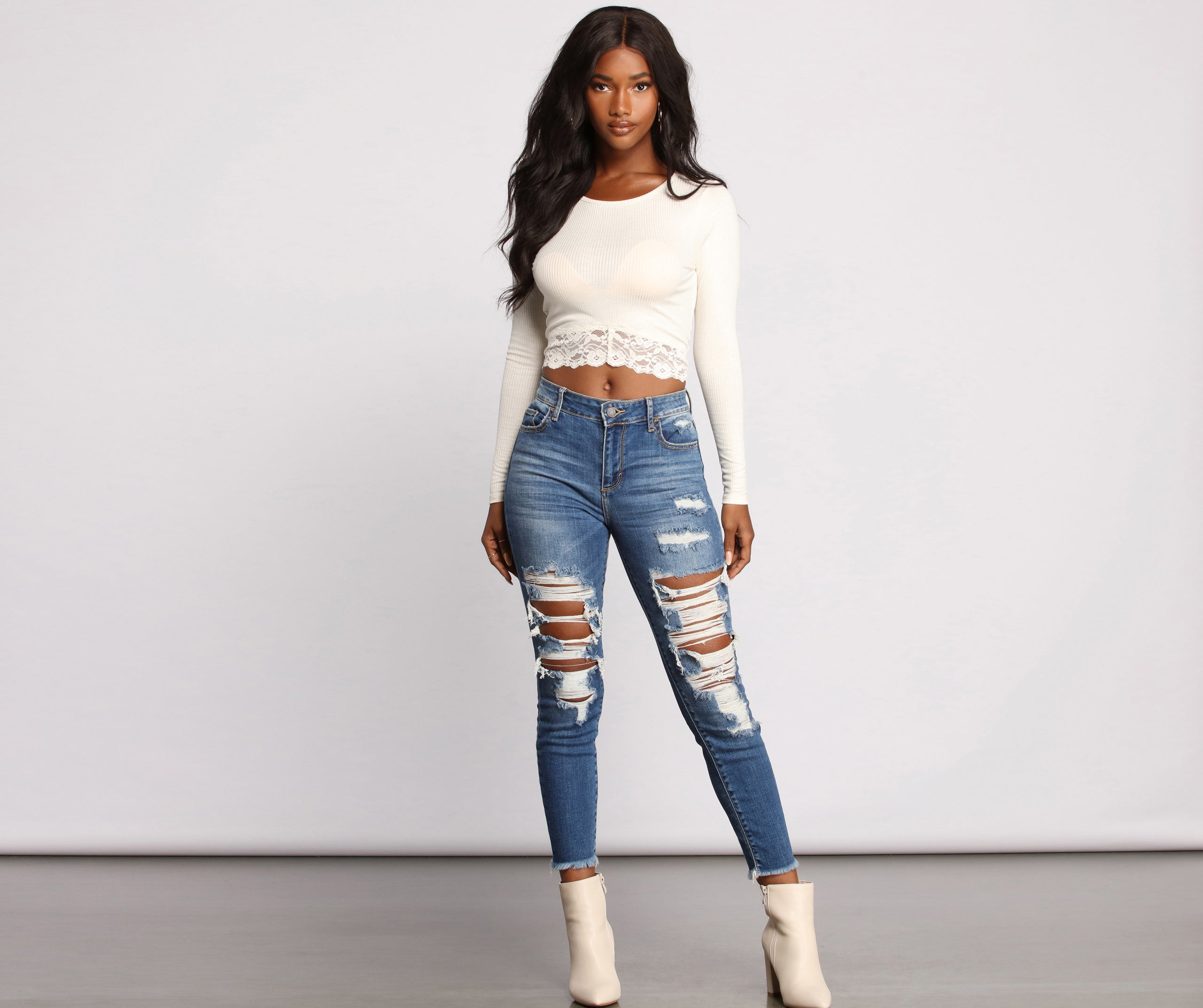 Ribbed Tie Back Lace Hem Crop Top - Image 12