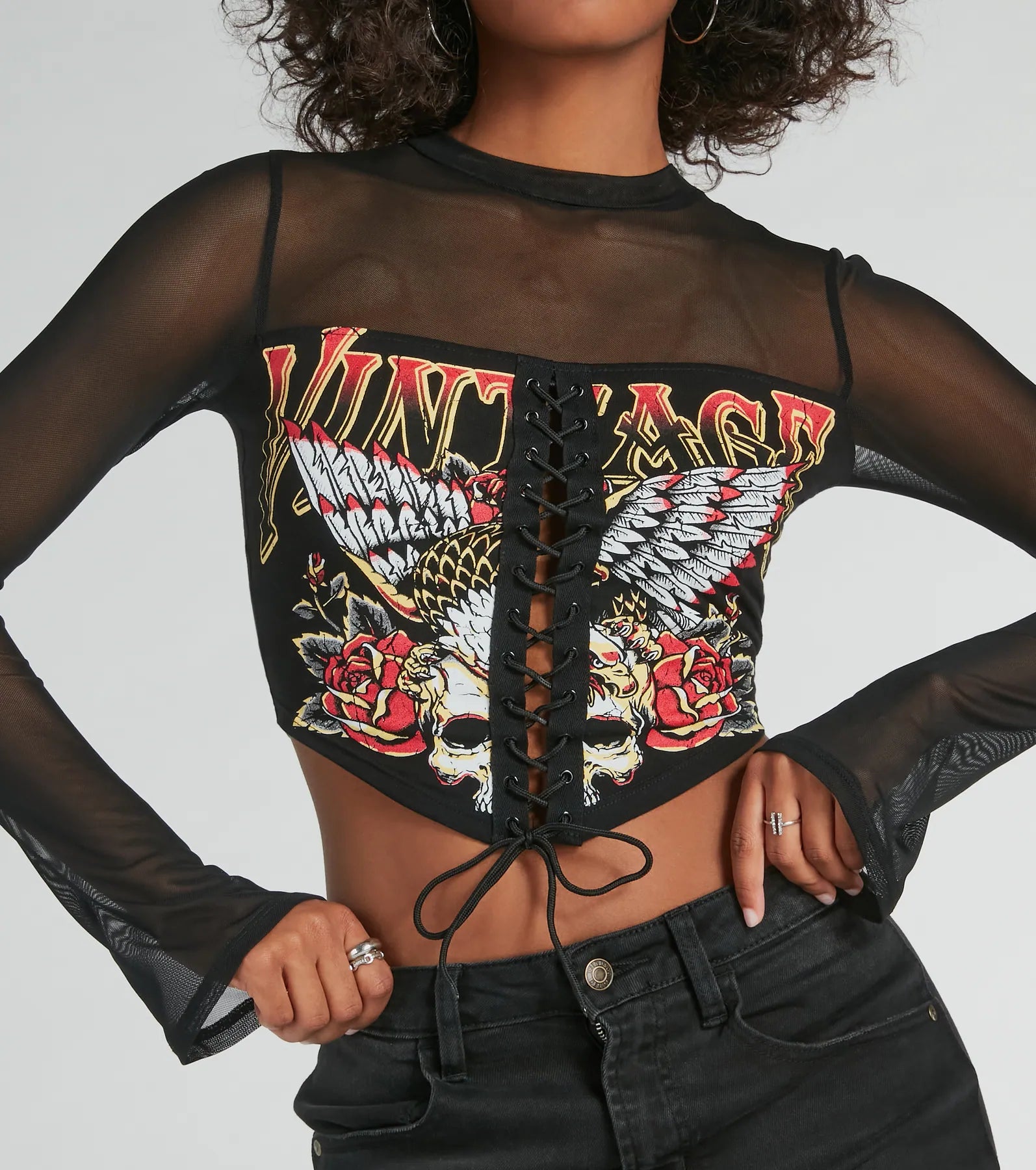 Vintage Lace-Up Mesh Graphic Crop Top - Image 4