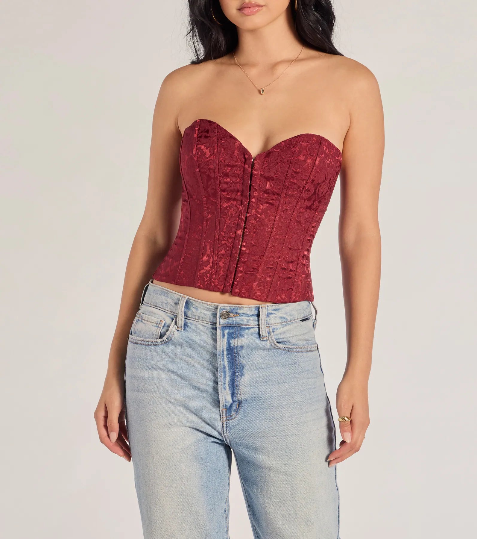 Chic Status Brocade Satin Strapless Corset Top - Image 3