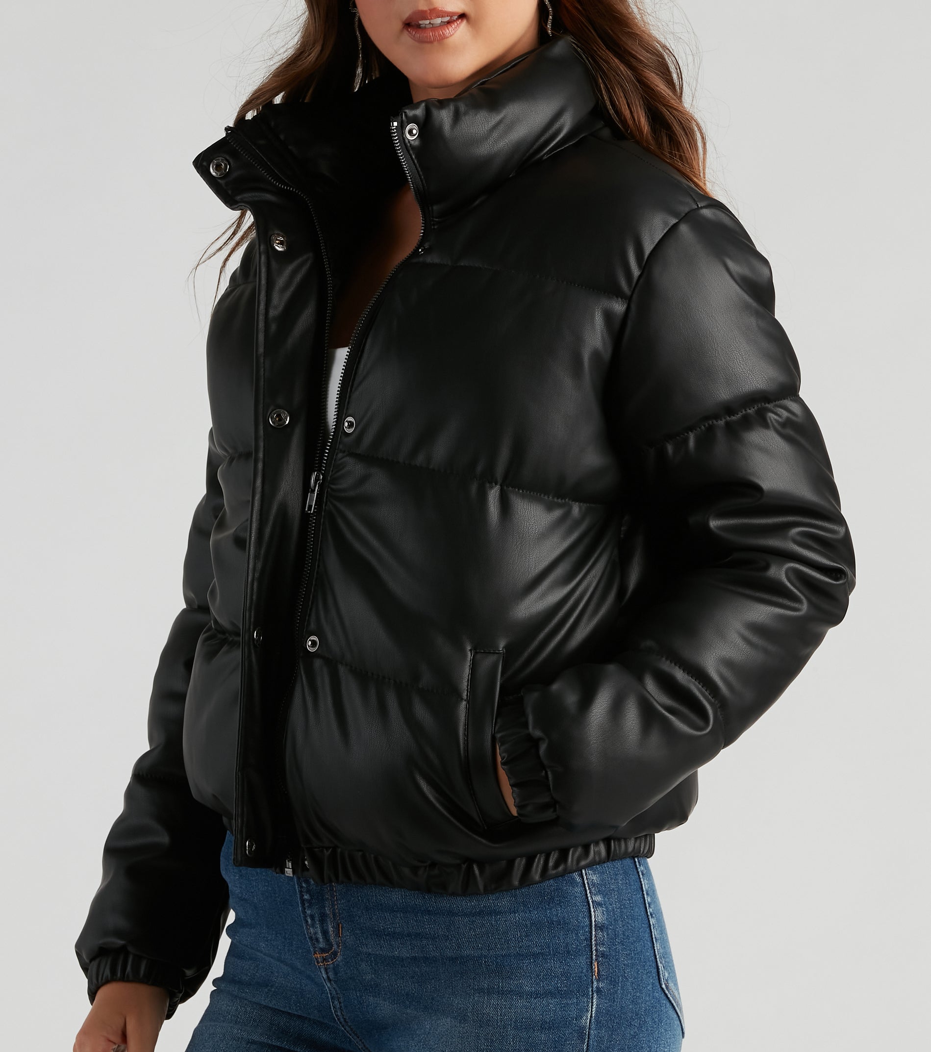 Stylish Edge Faux Leather Puffer Jacket - Image 8