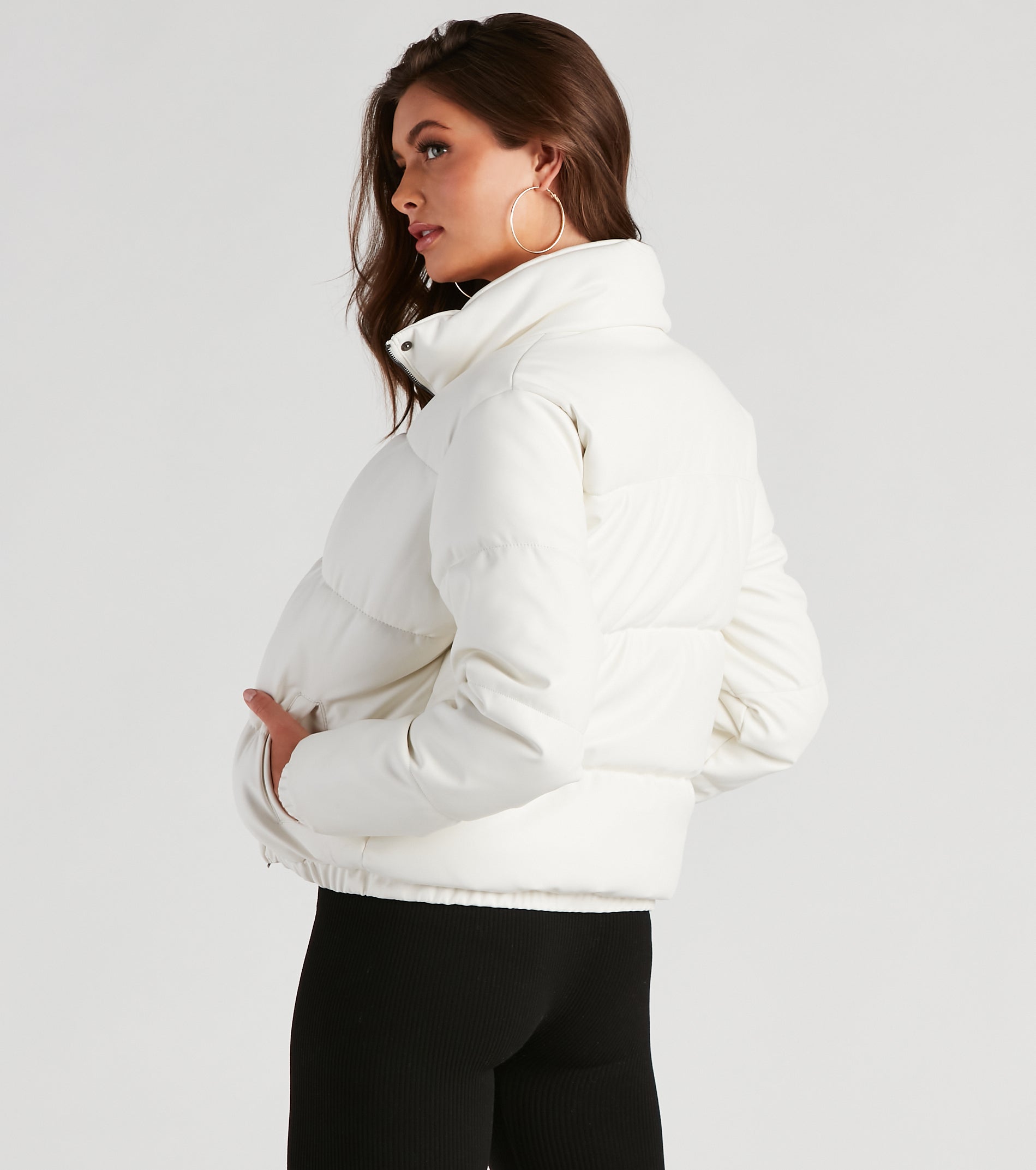 Stylish Edge Faux Leather Puffer Jacket - Image 19