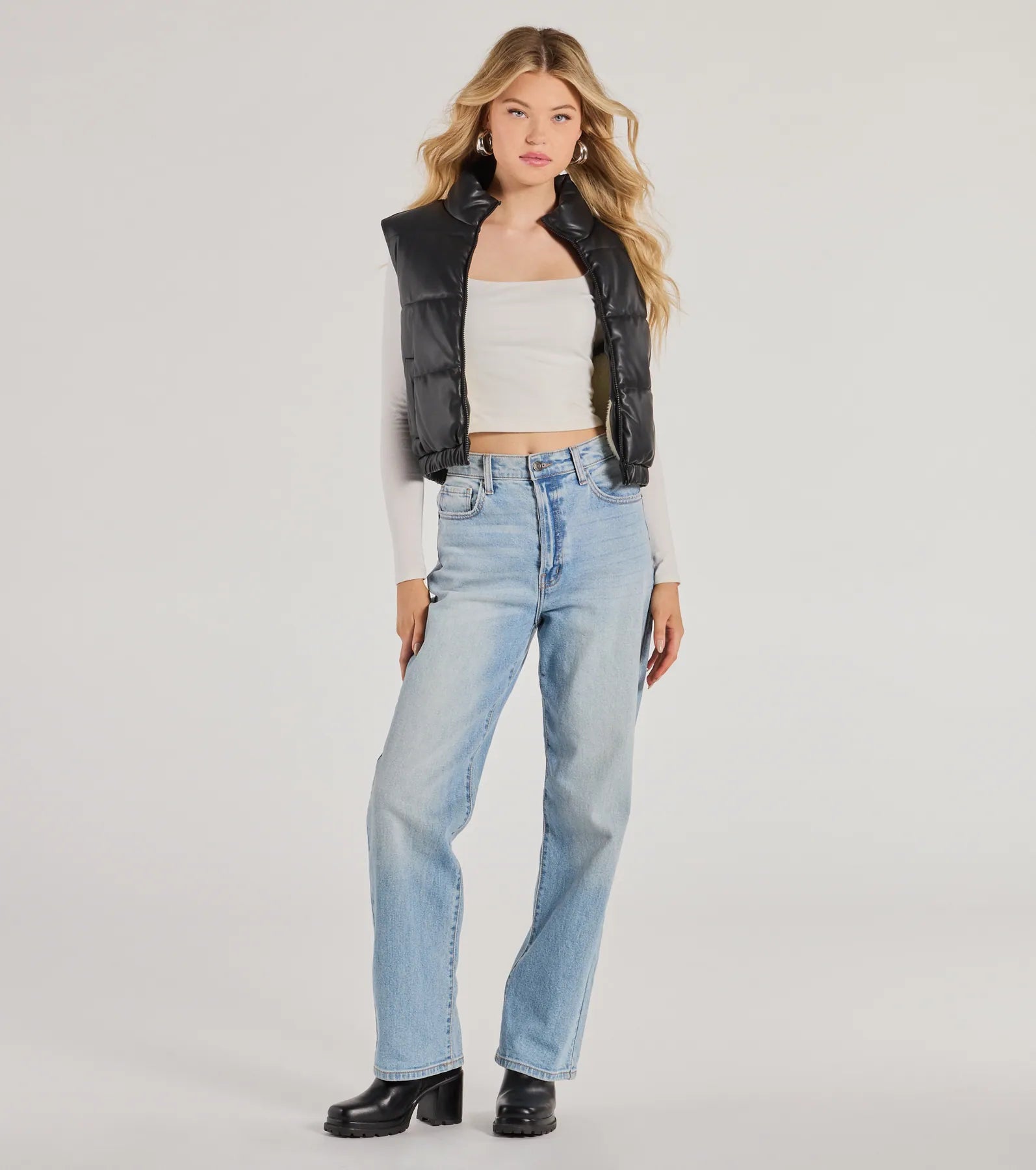 Cuddle Glam Faux Leather Sherpa Lined Puffer Vest - Image 3