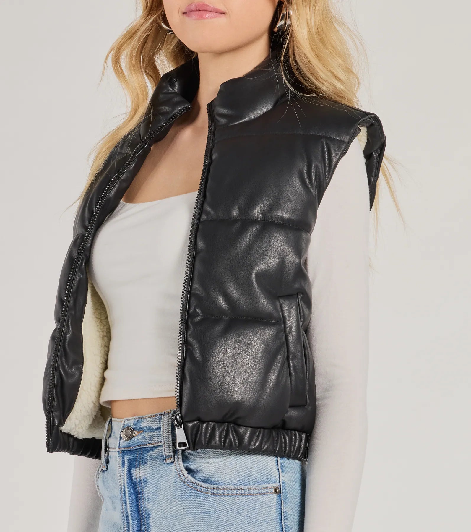Cuddle Glam Faux Leather Sherpa Lined Puffer Vest - Image 4