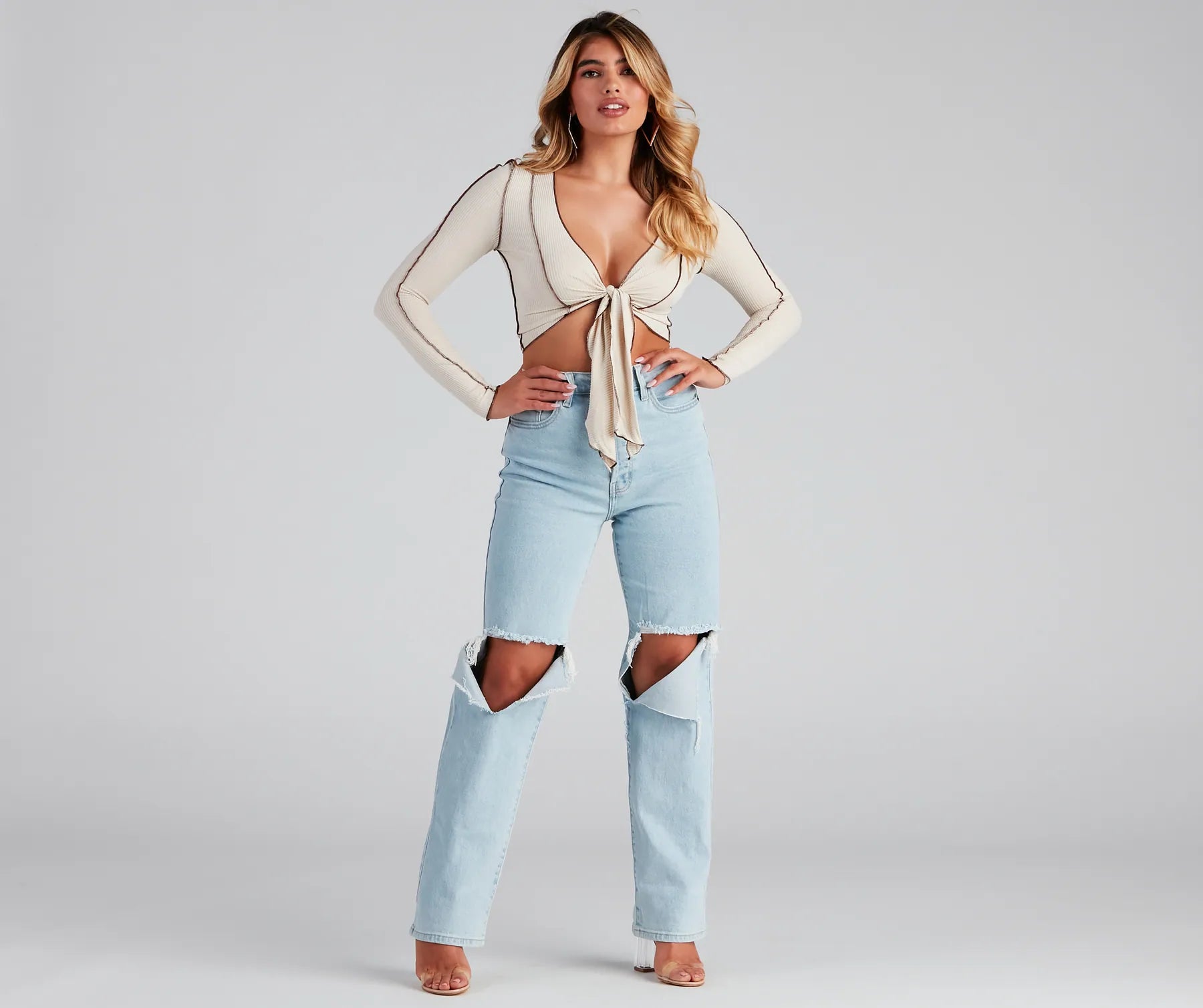 Trendy Ribbed Knit Tie-Front Top - Image 3
