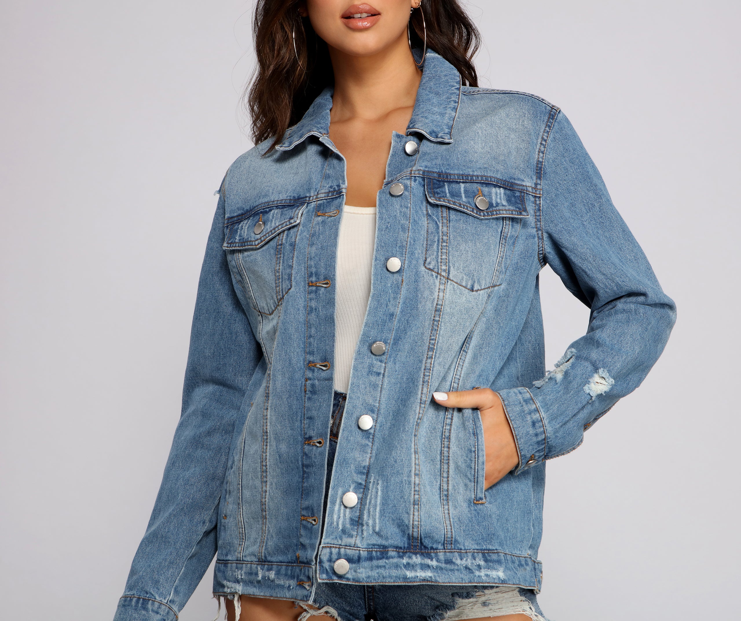 Trendy Destructed Oversized Denim Jacket - Image 3