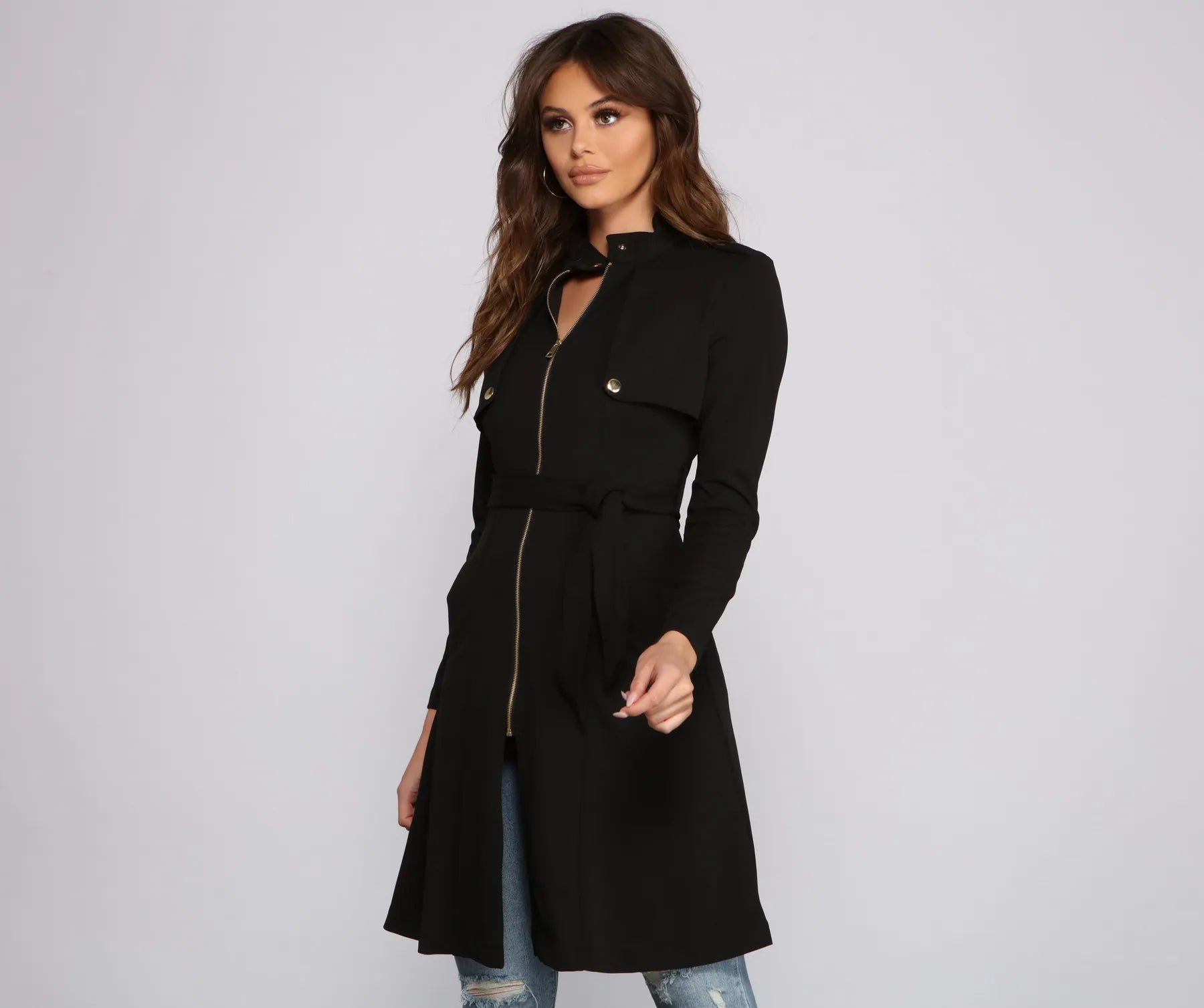 Belted Sophistication Crepe Trench Dress - Image 5