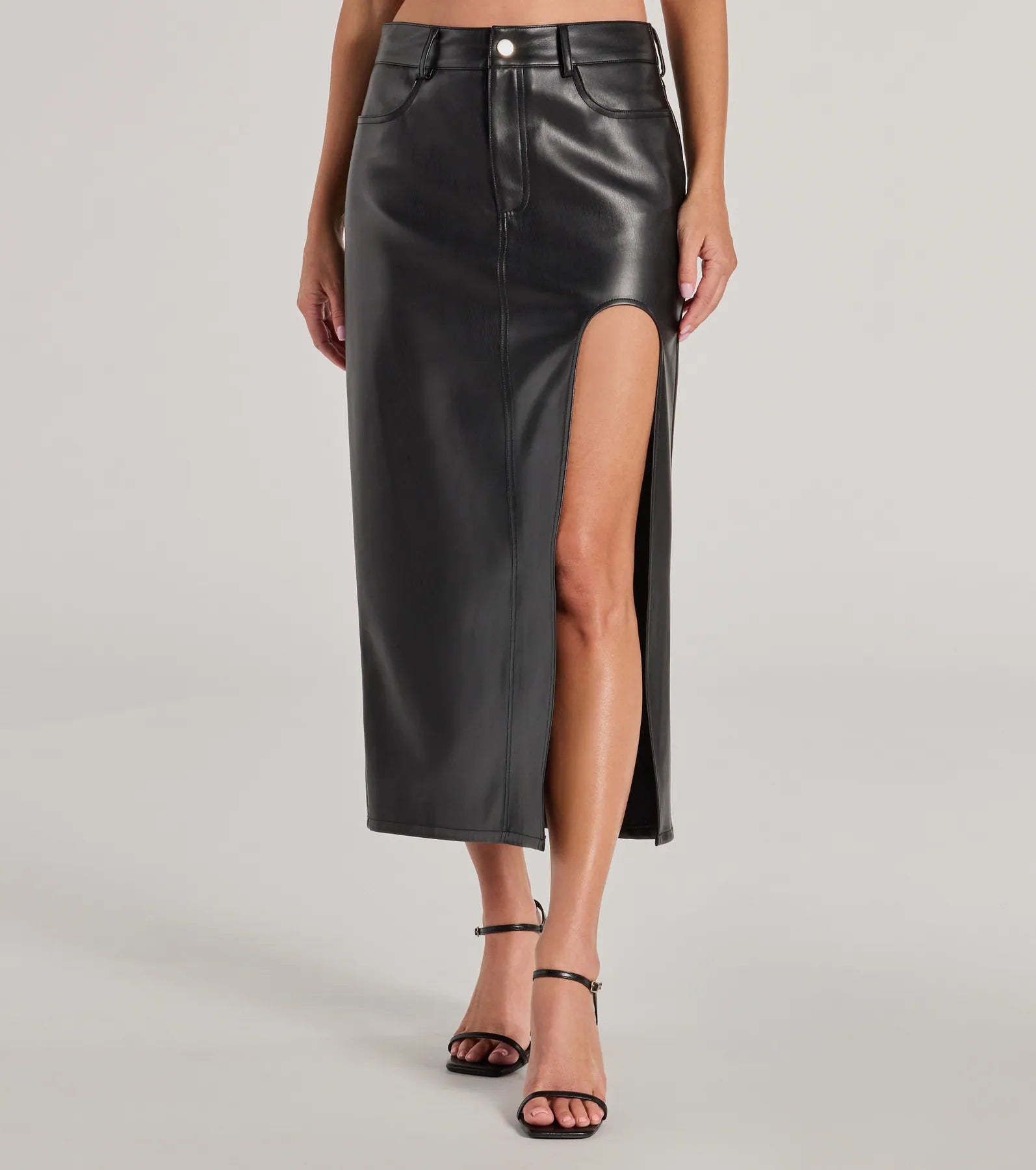 Sleek Era Faux Leather High Slit Midi Skirt - Image 4