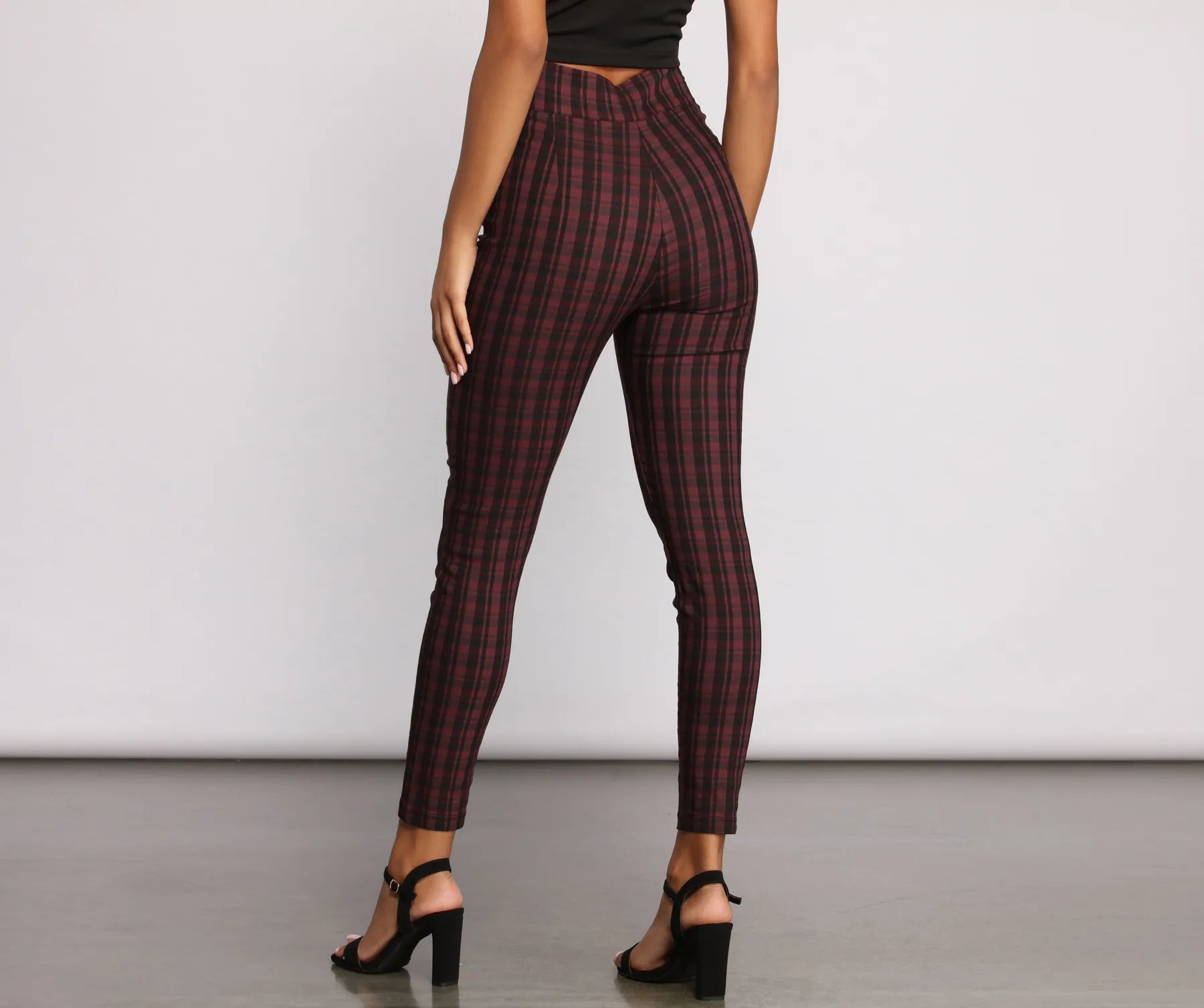 High Waist Snap Front Plaid Skinny Pants - Image 2