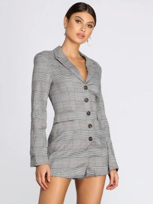 Plaid Check Blazer Romper
