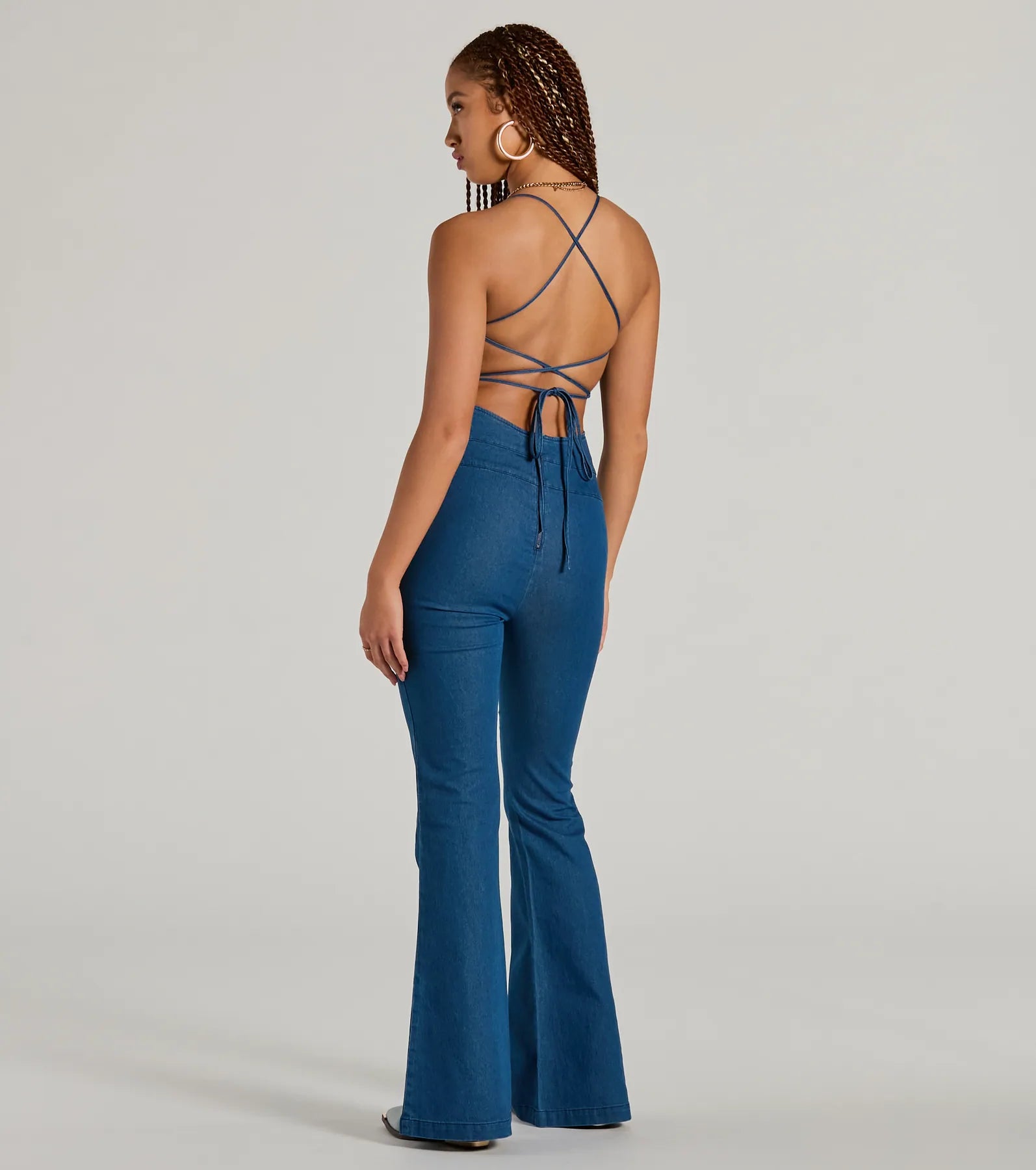 Casual And Cool Lace-Up Flare Denim Jumpsuit - Image 2