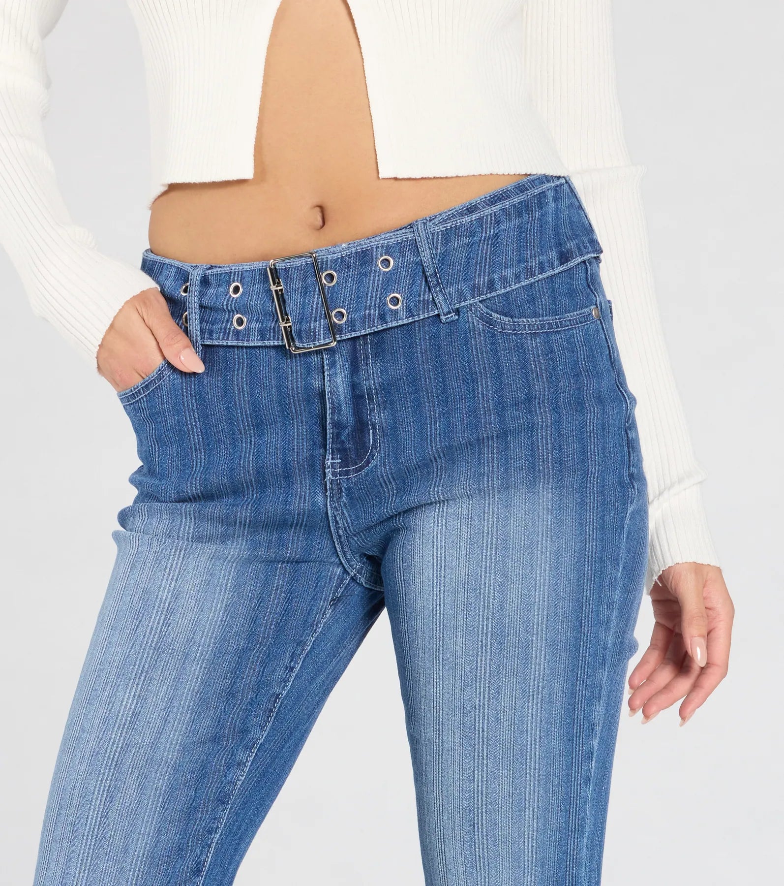 All Time Cute Mid-Rise Belted Flare Denim Jeans - Image 3