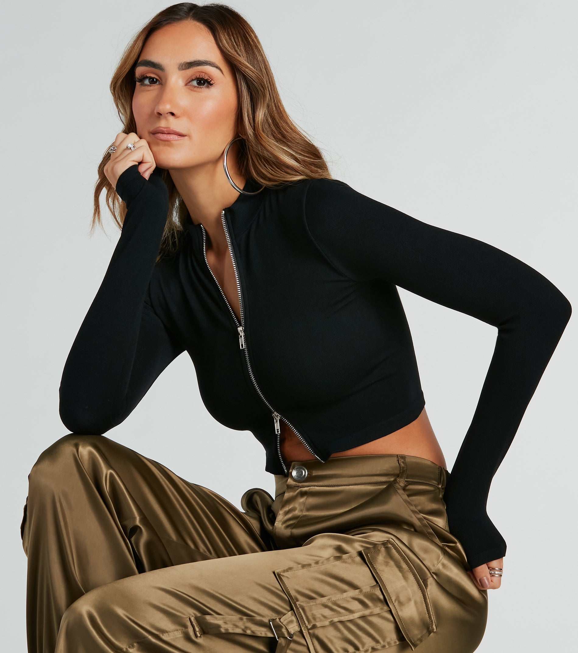 Sporty Perfection Long Sleeve Zipper Knit Crop Top - Image 3