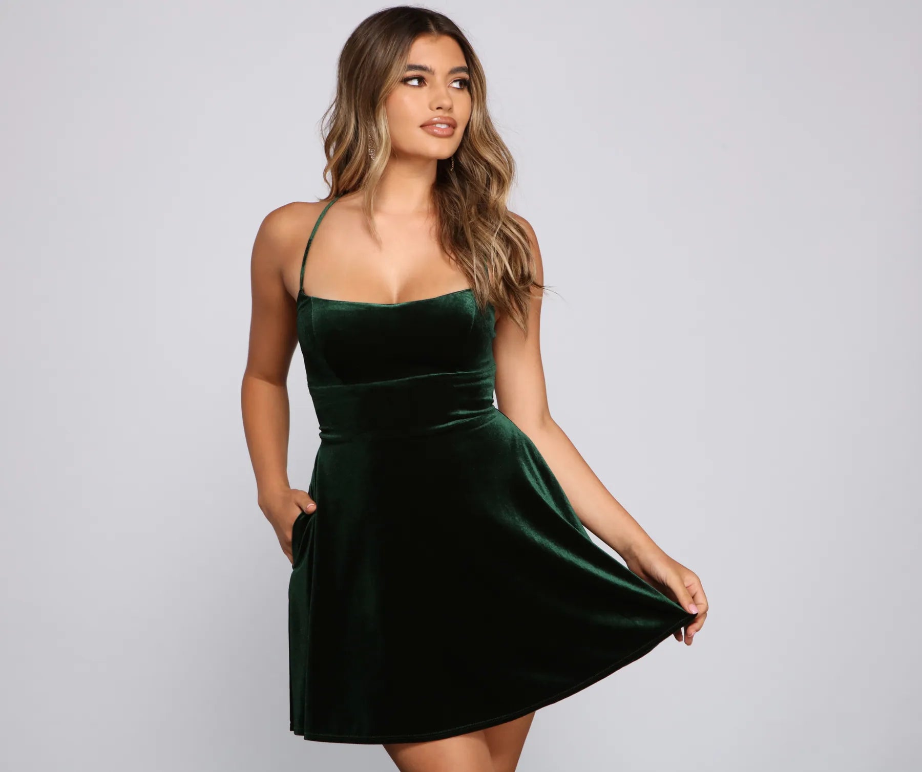 Amelia Lace-Up Back Velvet Skater Dress - Image 5