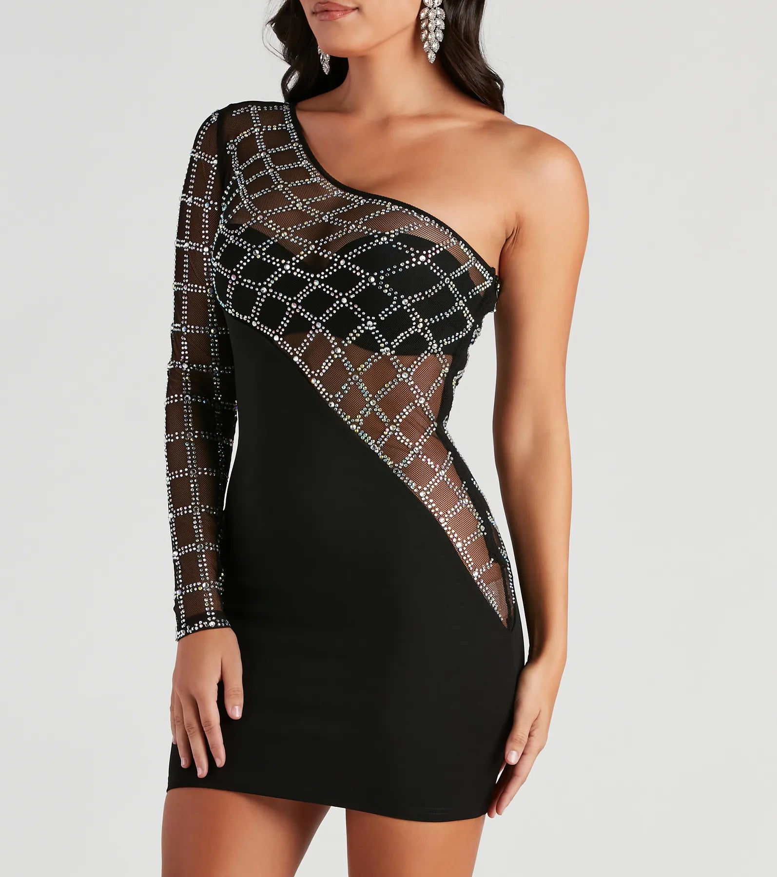 Arianna Rhinestone One-Shoulder Sheer Mini Dress - Image 4