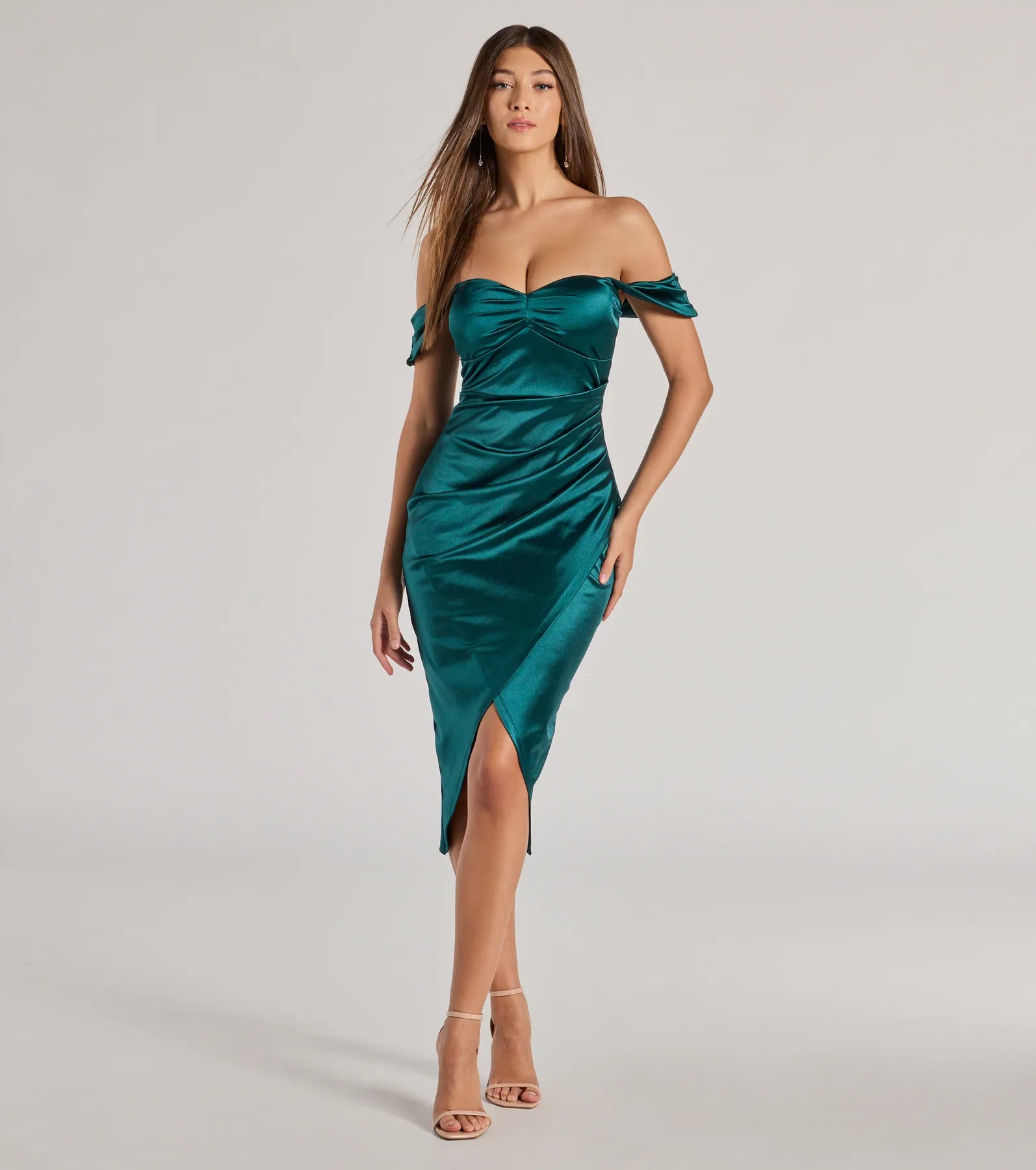 Gaia Satin Off-The-Shoulder Wrap Midi Dress - Image 6