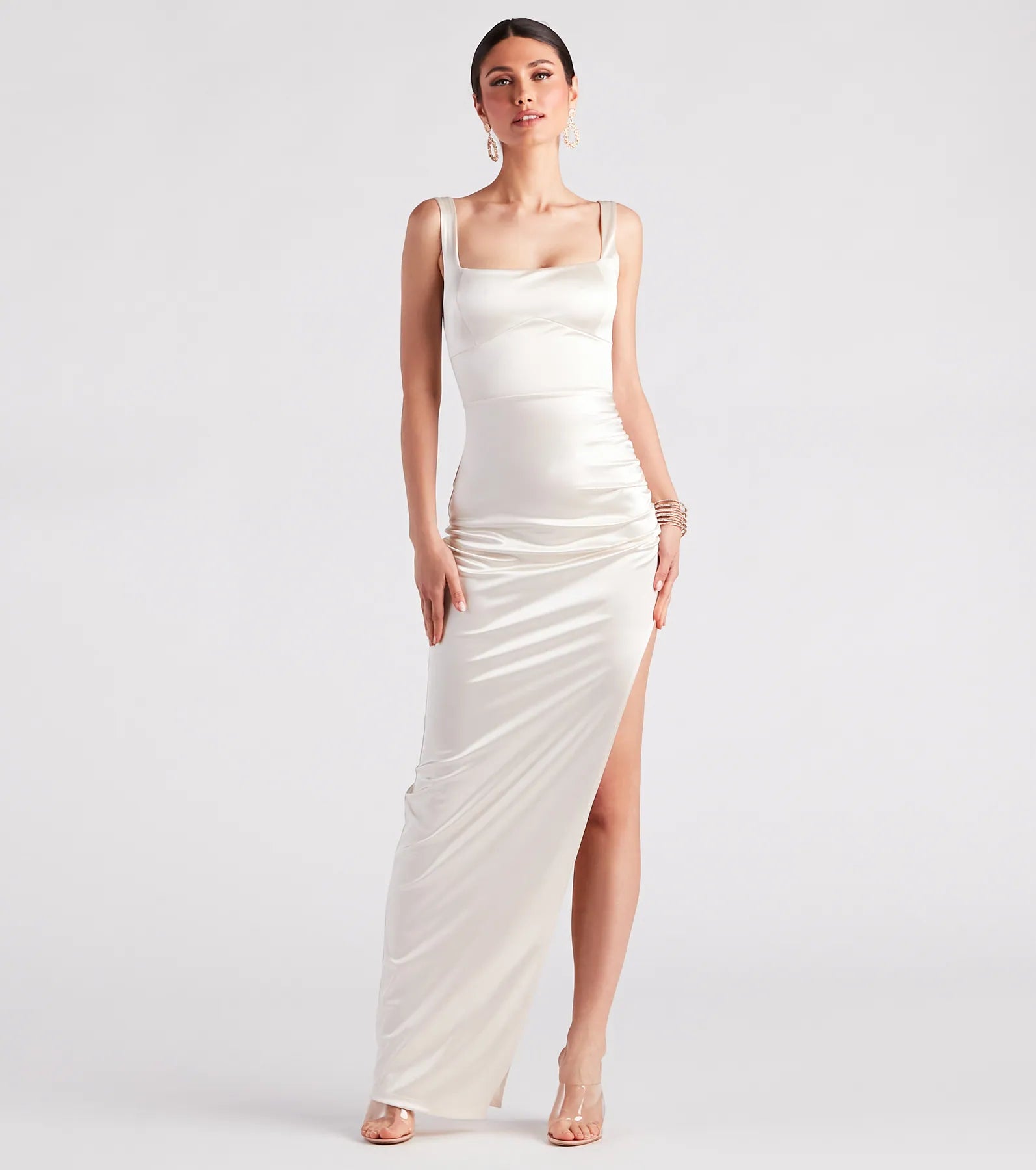 Lia Ruched Satin High Slit Formal Dress - Image 13