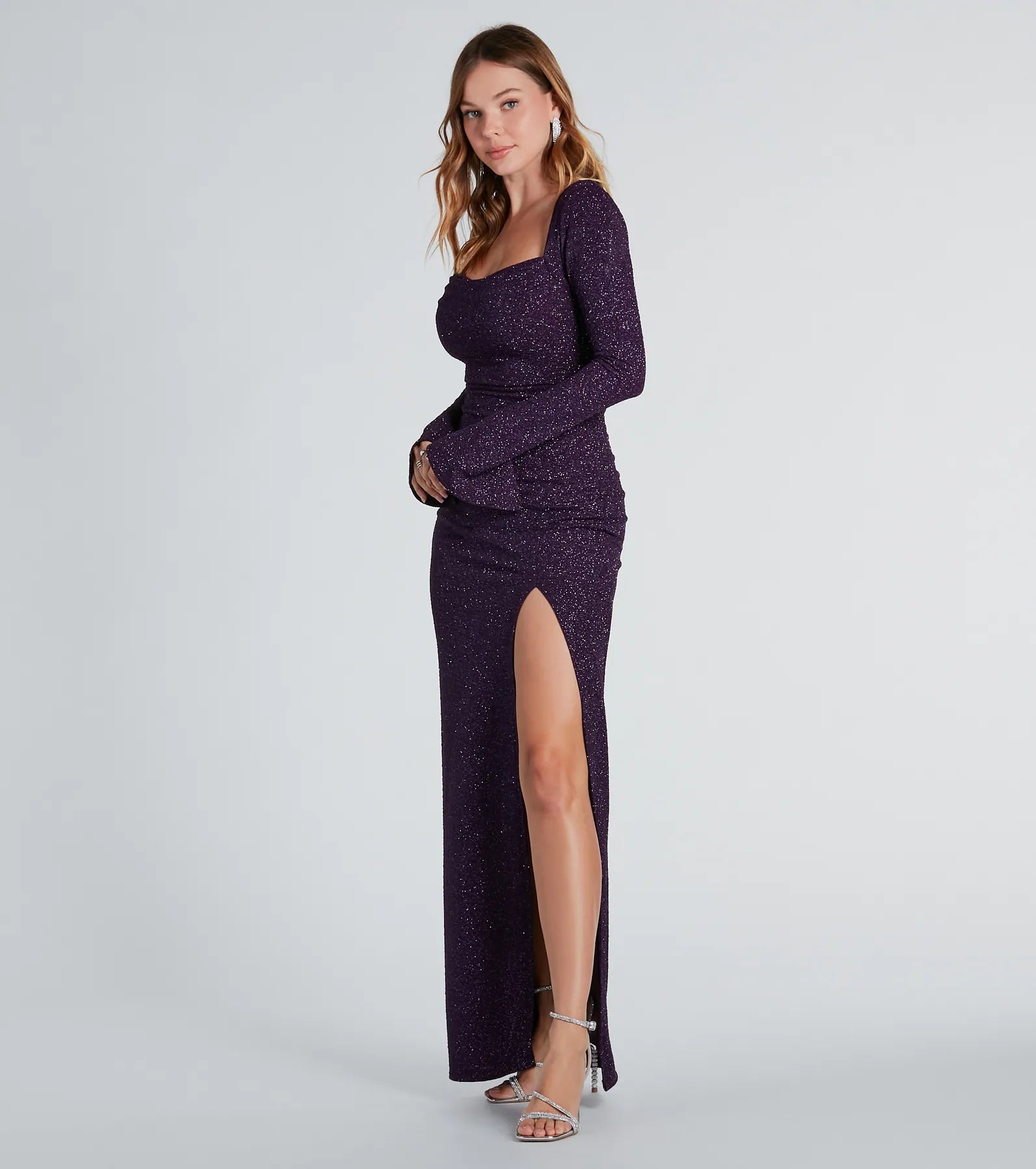 Jess Formal Glitter Long Sleeve Slit Dress - Image 3