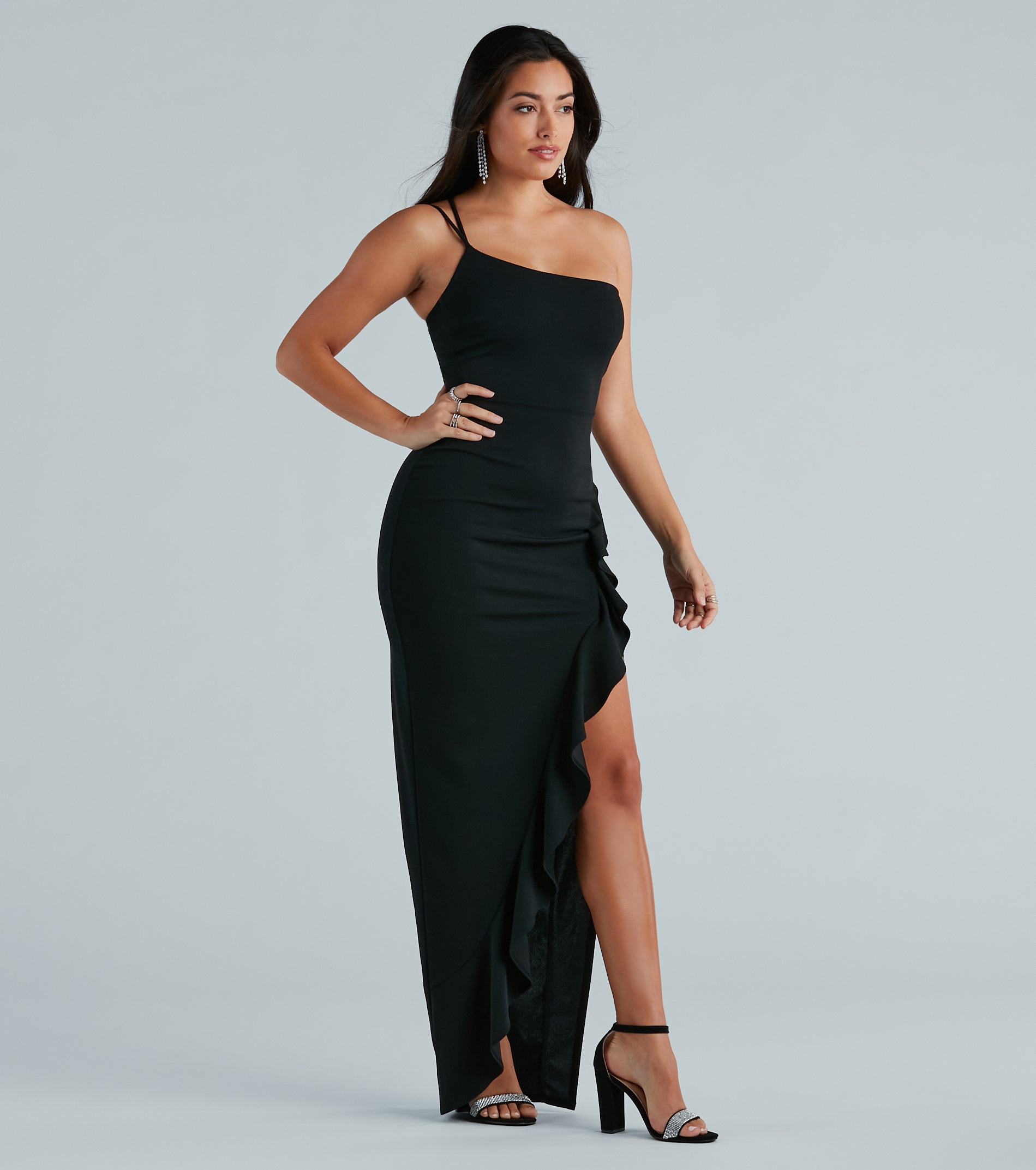 Candace Formal Crepe One-Shoulder Ruffle Dress - Image 2