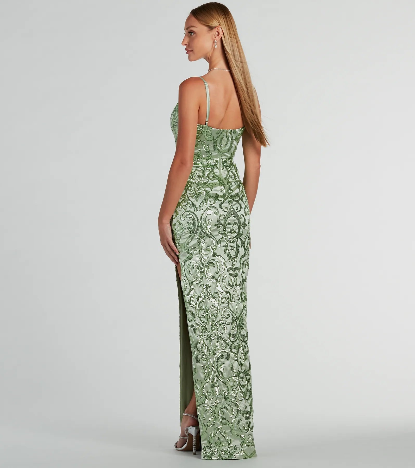 Alessia Square Neck Slim Sequin Satin Formal Dress - Image 2