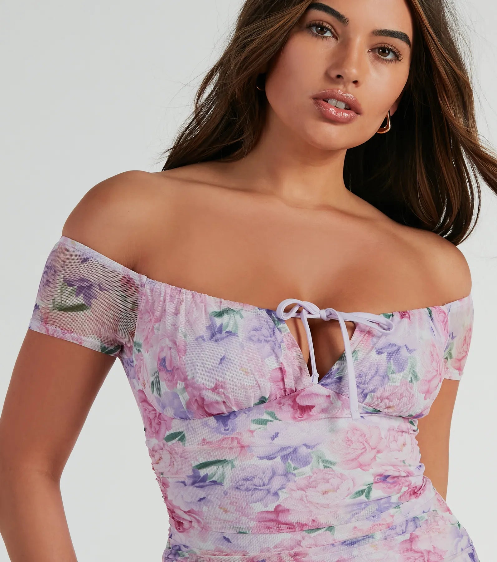 Sweet Charm Off-The-Shoulder Floral Mesh Mini Dress - Image 4