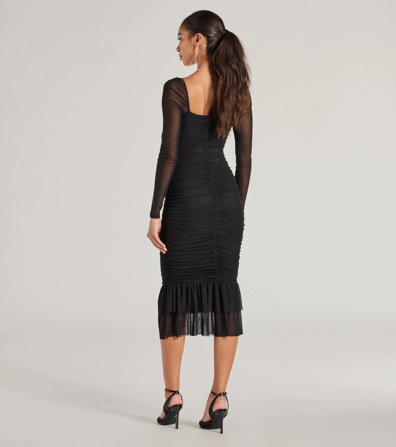 Elegant Ruched And Ruffled Mesh Midi Dress - Image 2