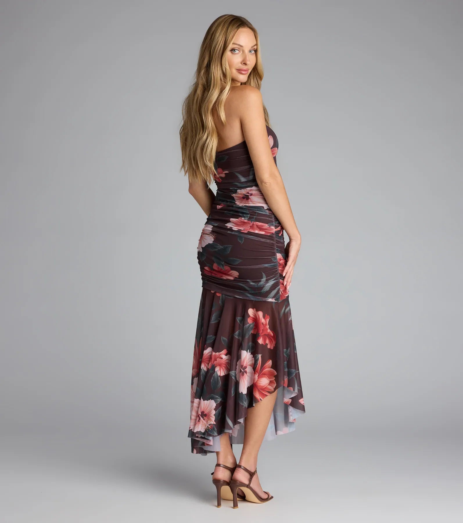 Golden Hour Tropical Floral Mesh Midi Dress - Image 2