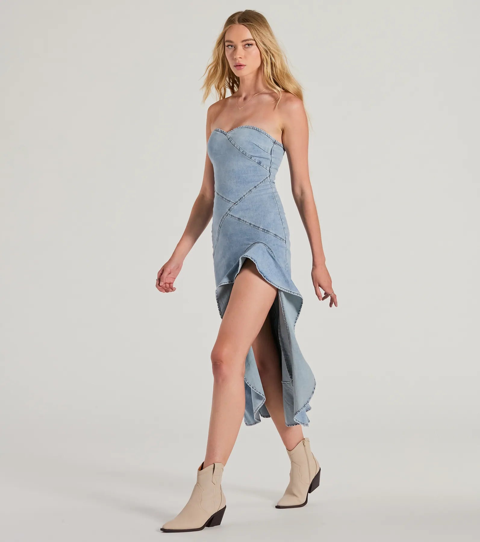 Admiring Style Strapless Ruffle High Low Denim Dress - Image 4