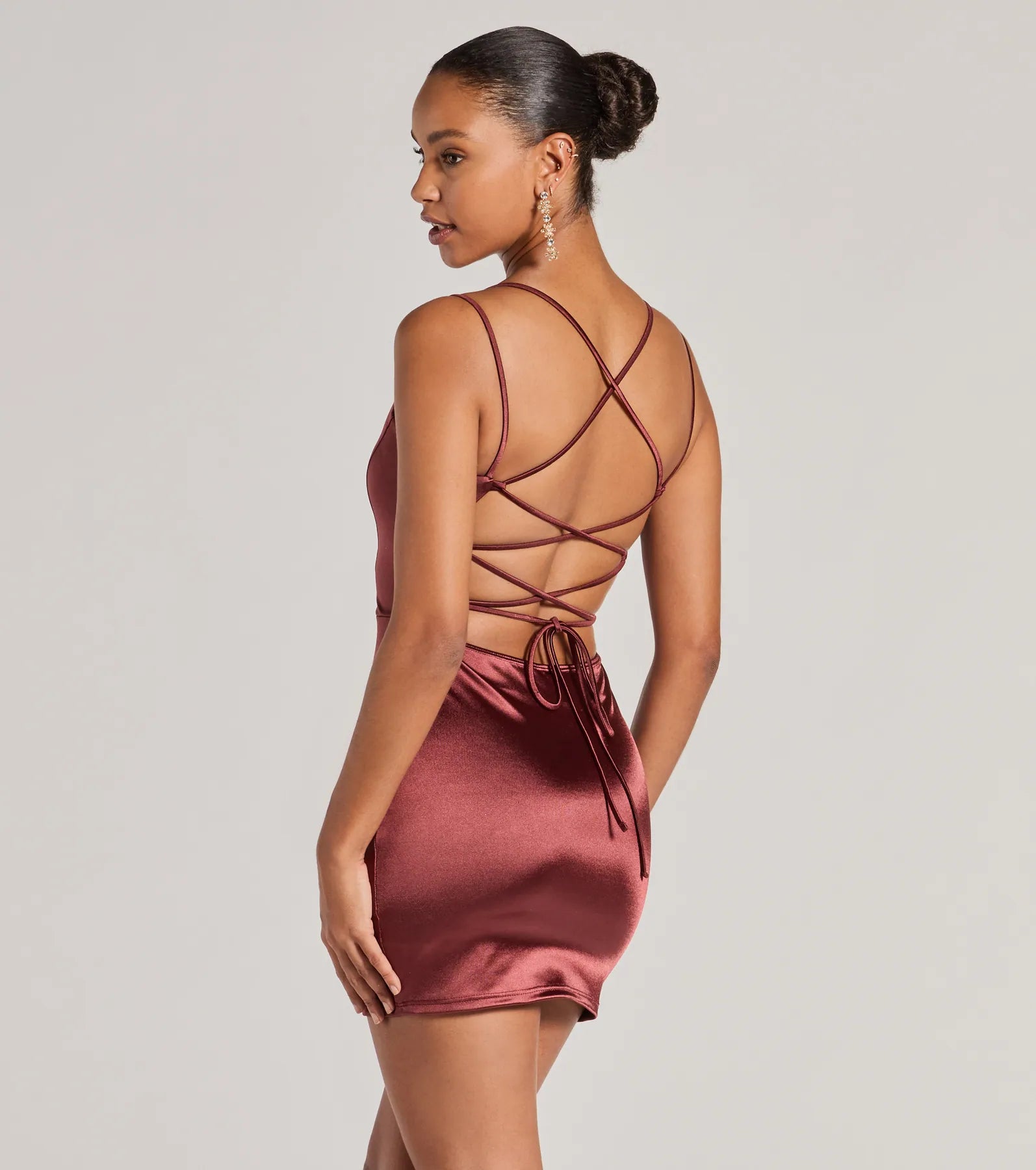 Simply A Stunner Lace-Up Bodycon Satin Mini Dress - Image 2
