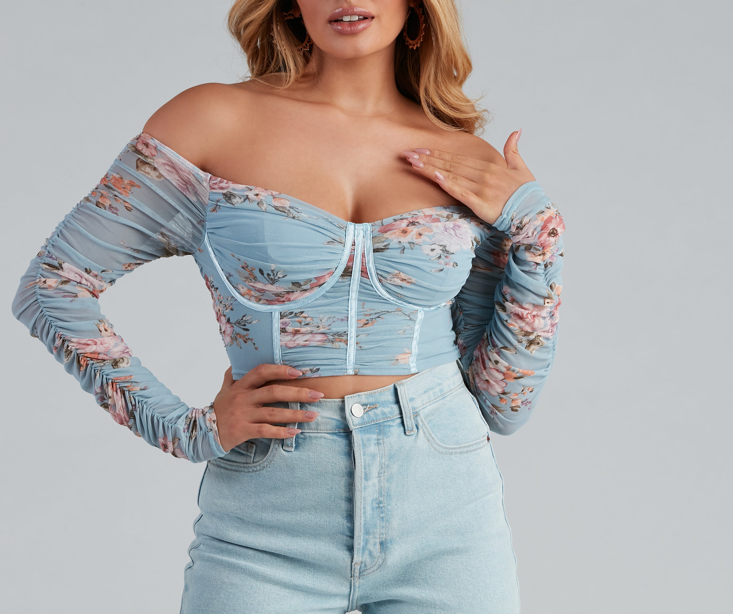 All For Floral Mesh Satin Trim Bustier - Image 4