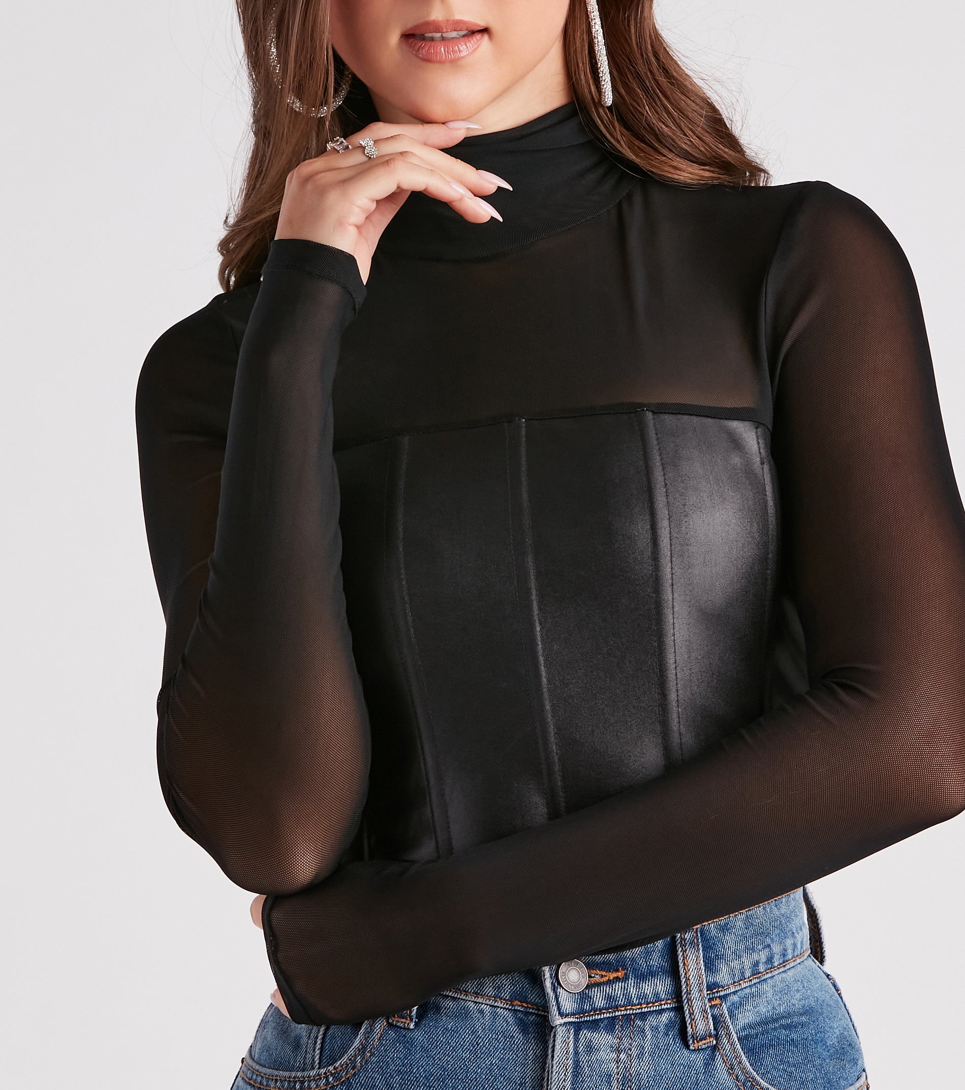 Total Grunge Faux Leather Corset Mesh Top - Image 4