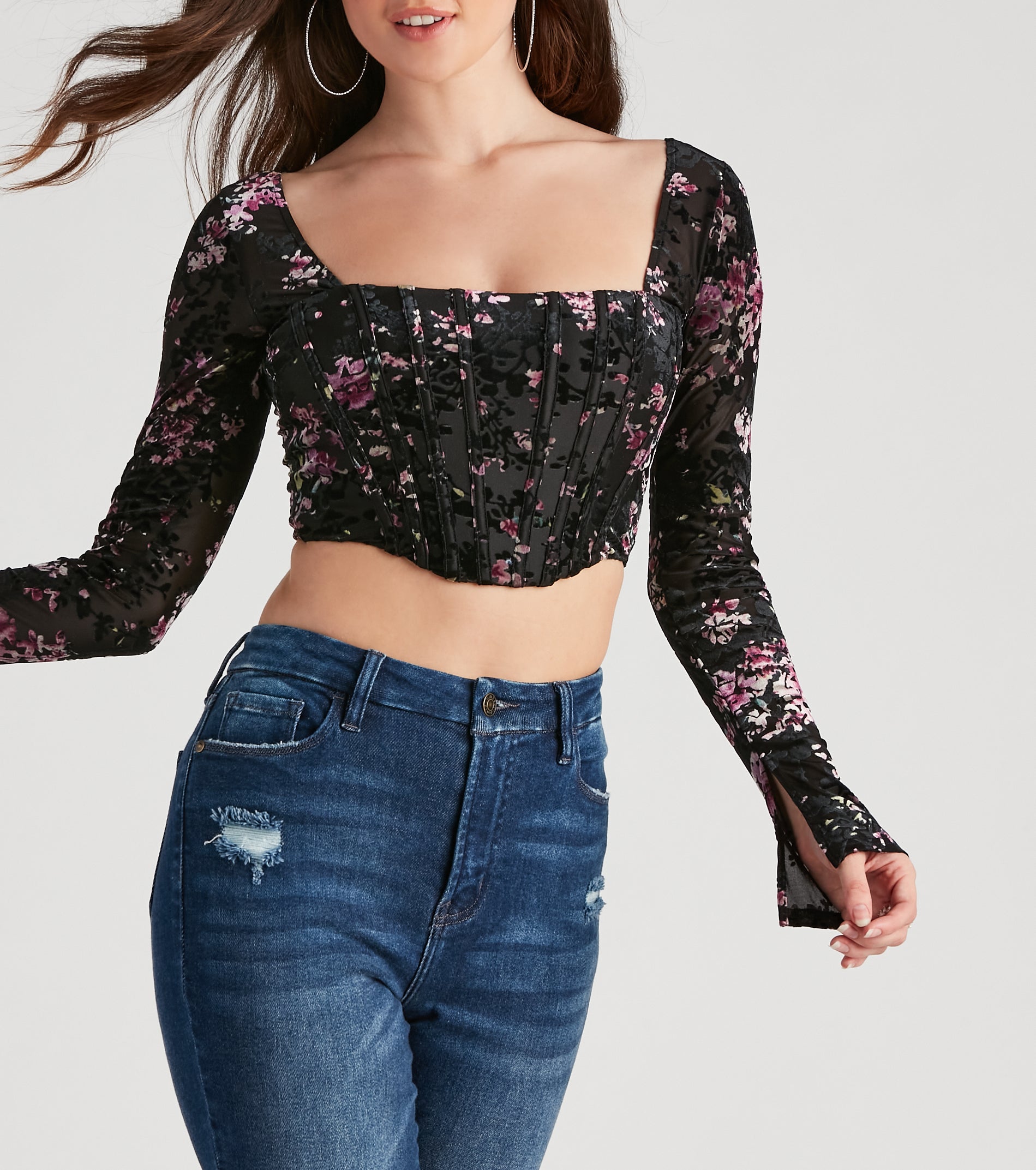 Trendy Florals Flocked Velvet Corset Top - Image 4
