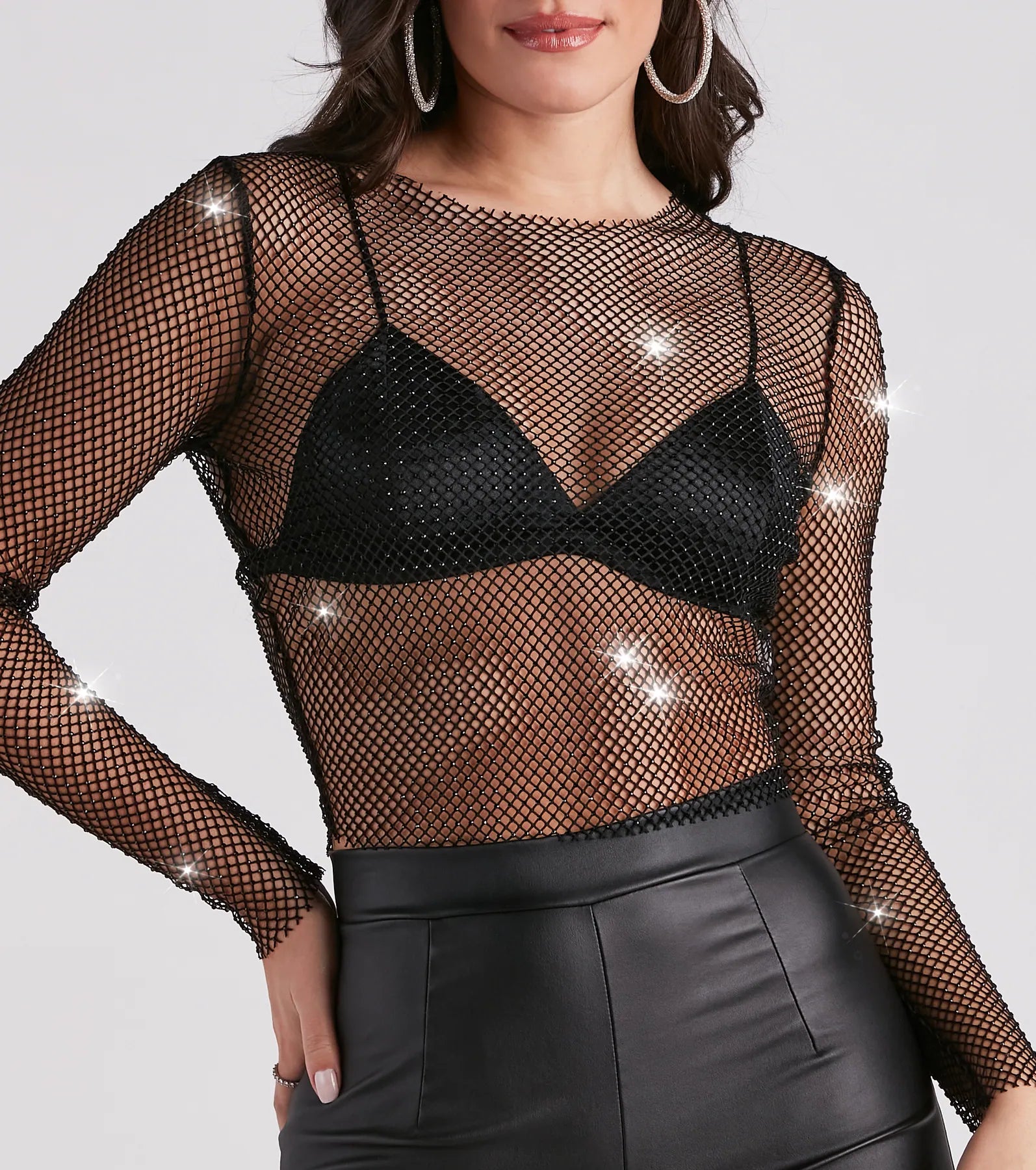 Edgy Glam Girl Rhinestone Fishnet Top - Image 4
