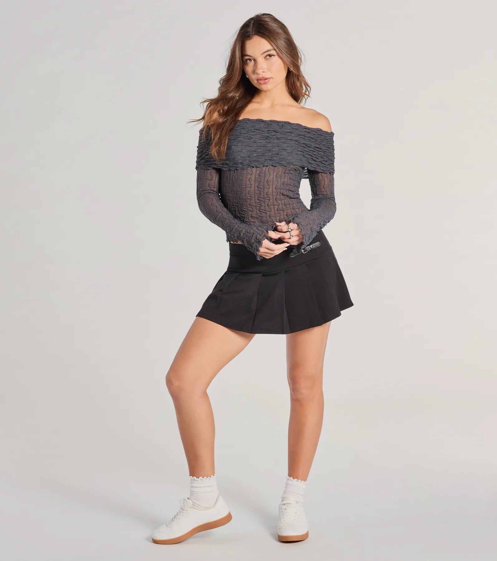 2000s Classic Off-The-Shoulder Texture Crop Top - Image 4