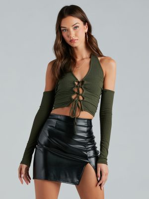 Cool Girl Ties Lace-Up Cold Shoulder Crop Top